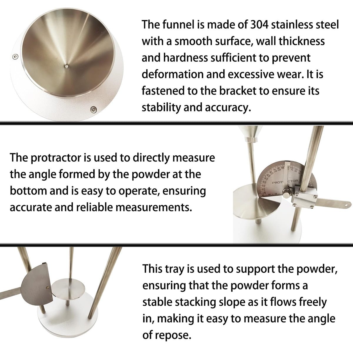Powder Repose Angle Tester Stainless Steel Dust Repose Angle Tester Measuring Cylinder Capacity 100ml Funnel Outlet Diameter 5mm Repose Angle Tester for Powder Particle