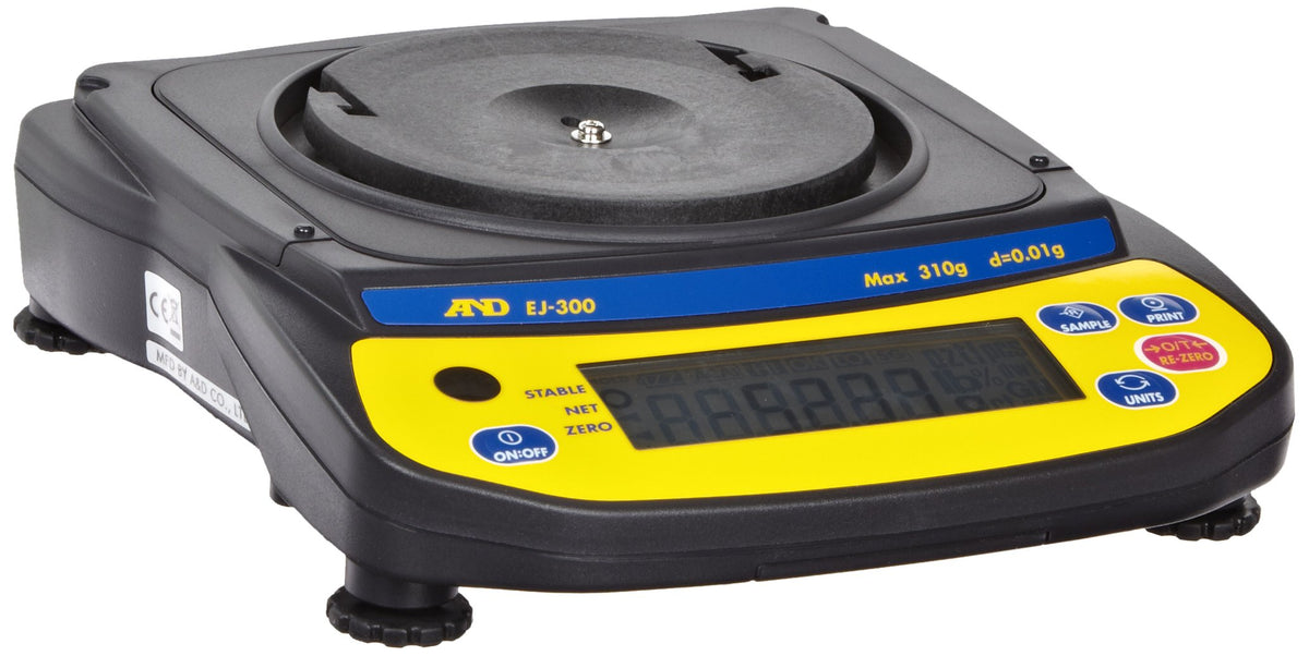 A&D Engineering EJ-300 Newton Compact Electronic Toploading Balance with LCD Display, 110mm Pan, +/-0.02g Linearity, 310g Capacity, 0.01g Readability