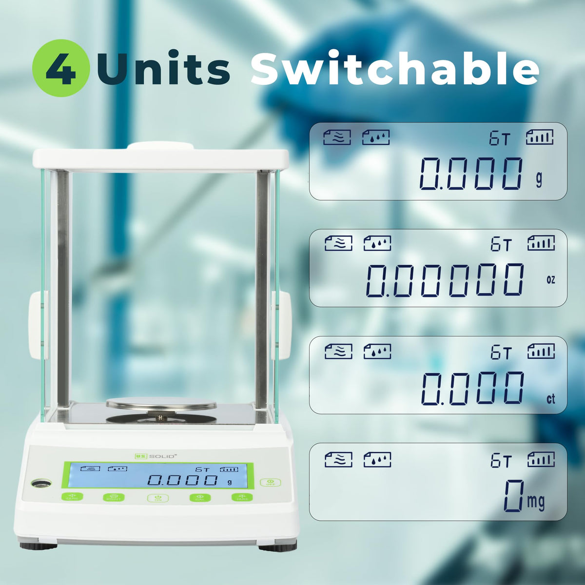 U.S. Solid Precision Lab Scale 1mg - 1000g x 0.001g, RS232 Interface, Glass Windshield, Density Determination, for Laboratory Use