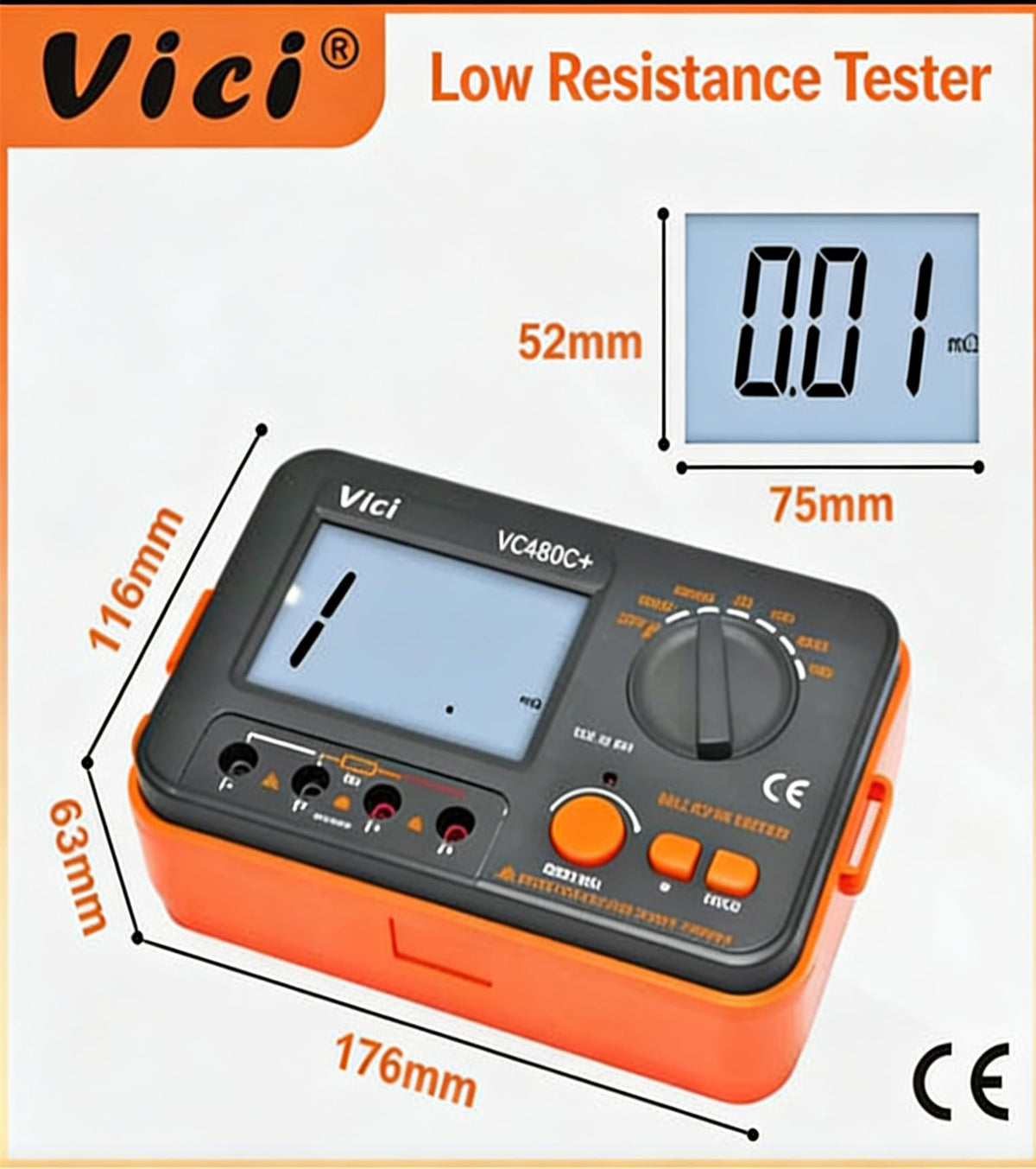 AideTek VC480C Precision Milliohm Meters 4 Wire Kelvin Clip 0 Adjust Large LCD Backlit LCD Data Hold Manual Zero Display Adjust with Calibration Certificate