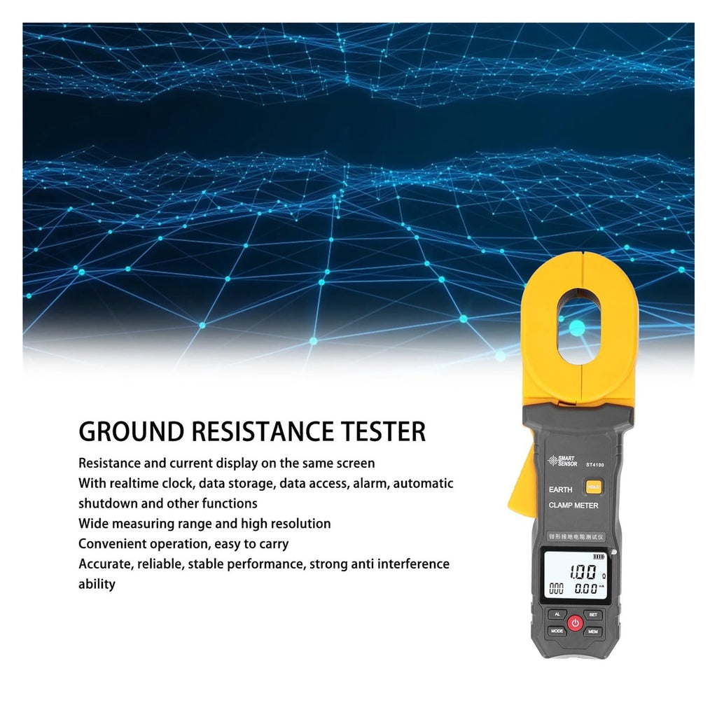 Resistance Meter, ST4100 Digital LCD Clamp Ground Resistance Meter Ground Earth Resistance Meter Tester Resistance Range 0.010~500Ω Data Storage