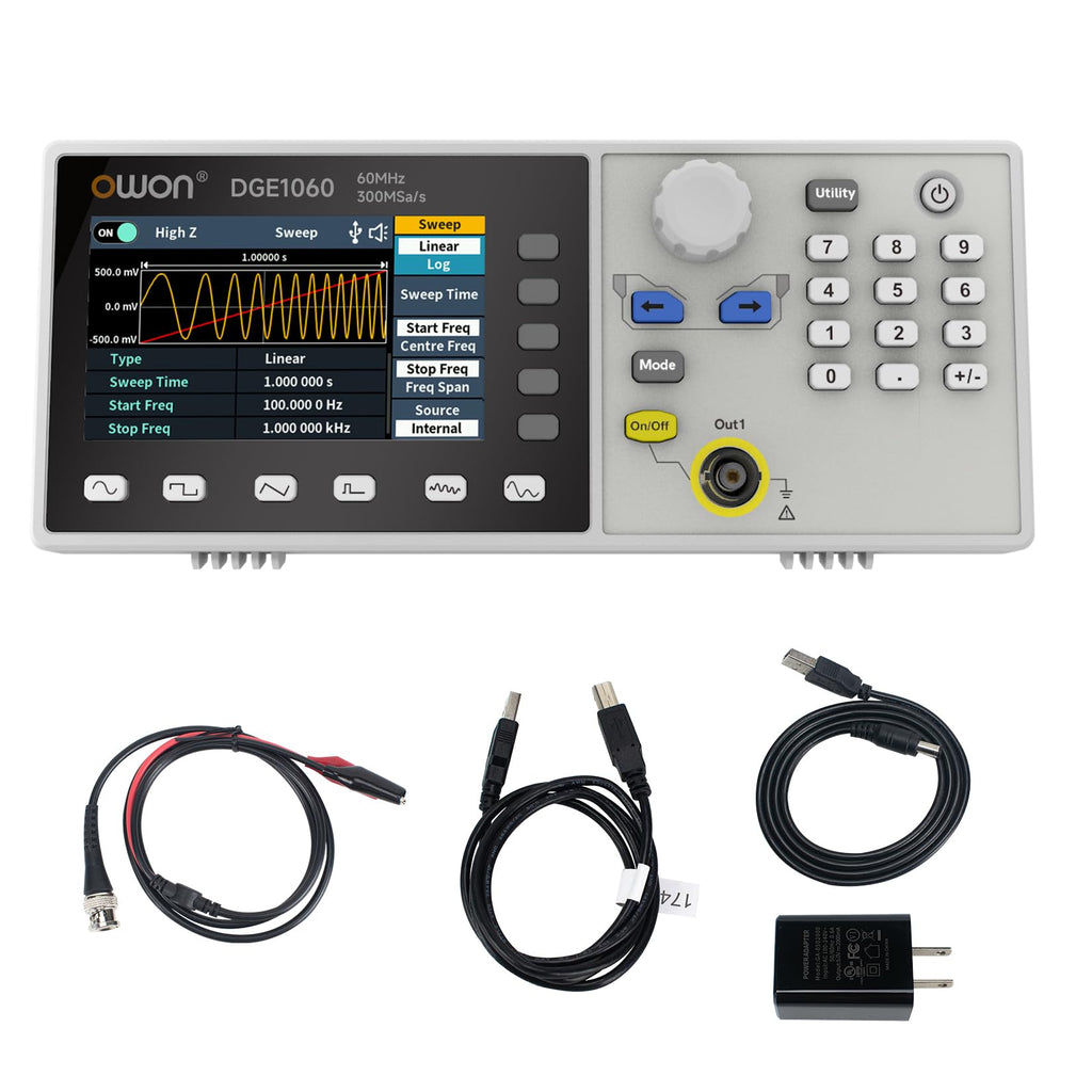 OWON DGE2070 70MHz Dual Channel Arbitrary Waveform Generator, 300MSa/s Sampling Rate, 14-Bit Resolution, 150 Built-in Waveforms, 3.6” LCD, Portable Signal Generator for Lab & Electronics Testing