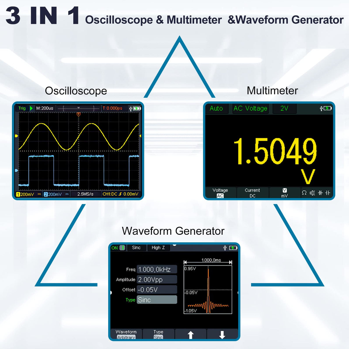 HANMATEK 3 in 1 Handheld Oscilloscope Multimeter with 2 Channels HO52S 3.5"TFT Oscilloscop, 50Mhz Waveform Generator Multimeter Backlit Screen, Auto-Calibration Function, Memory Function, Multi Tester