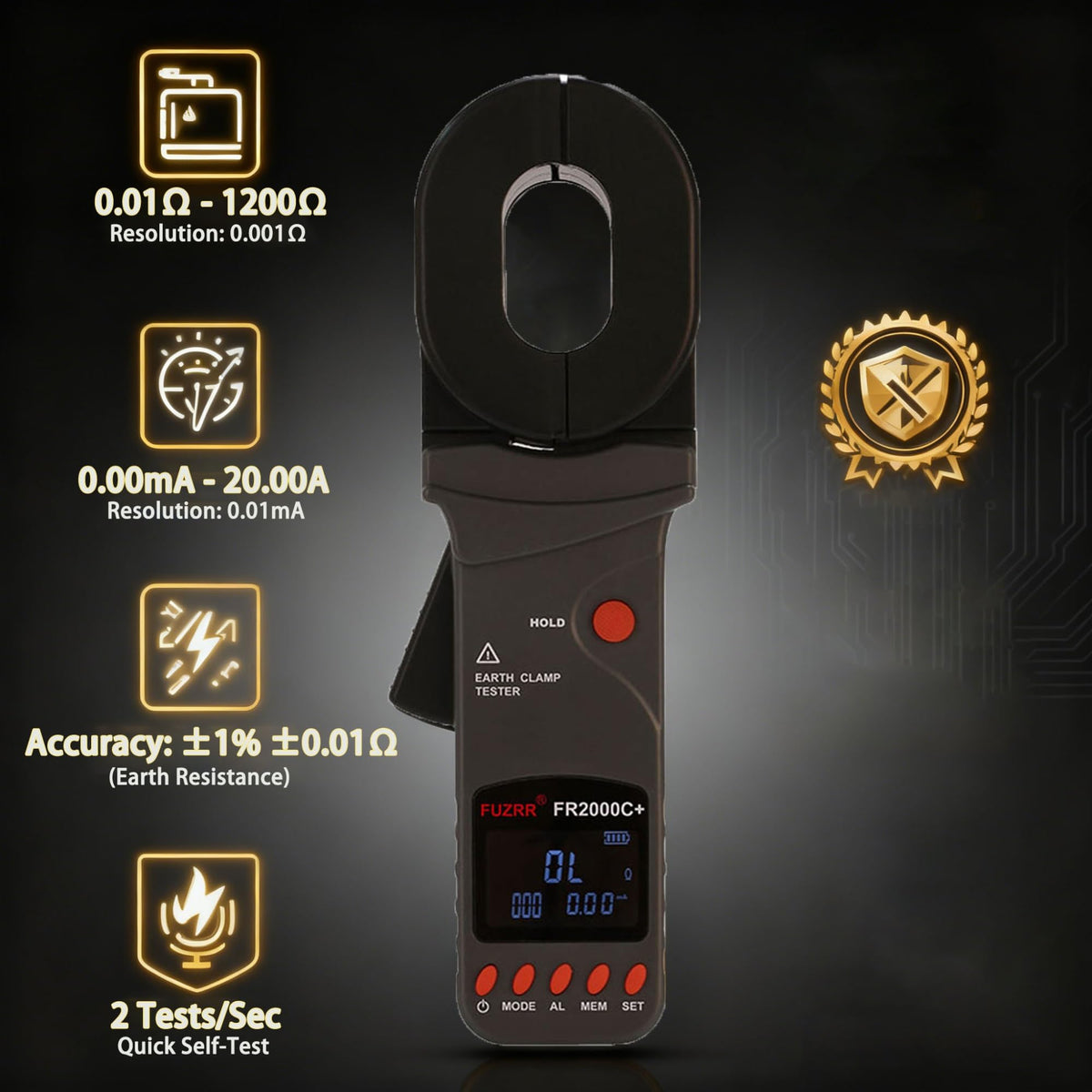 Amp Clamp Meter with Ground Resistance Tester, 0.01Ω–1200Ω Range, 0.01mA–20A Detection, Handheld Clamp for Industrial Electrical Testing, Facility Maintenance and Power Grid Equipment Surveys