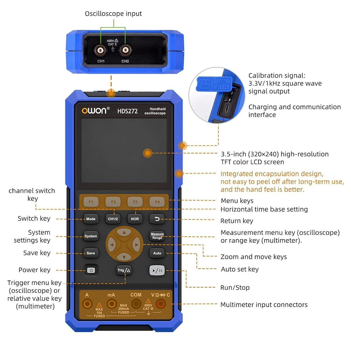 OWON HDS272 oscilloscope 2 in 1 70MHz Professional Handheld PC oscilloscope, 20000 Counts Digital multimeter 3.5 inch LCD Display Universal Test Instrument (oscilloscope+multimeter)