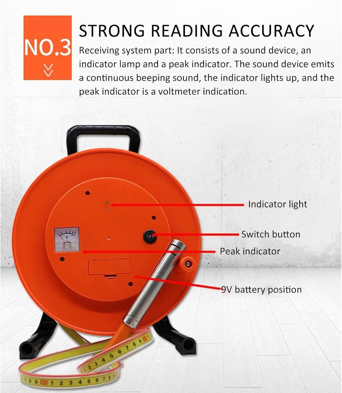 Water Level Meter with Probe and Steel Tape for Groundwater Depth Measurement, Peak Display and Indicator Light for Accurate Readings