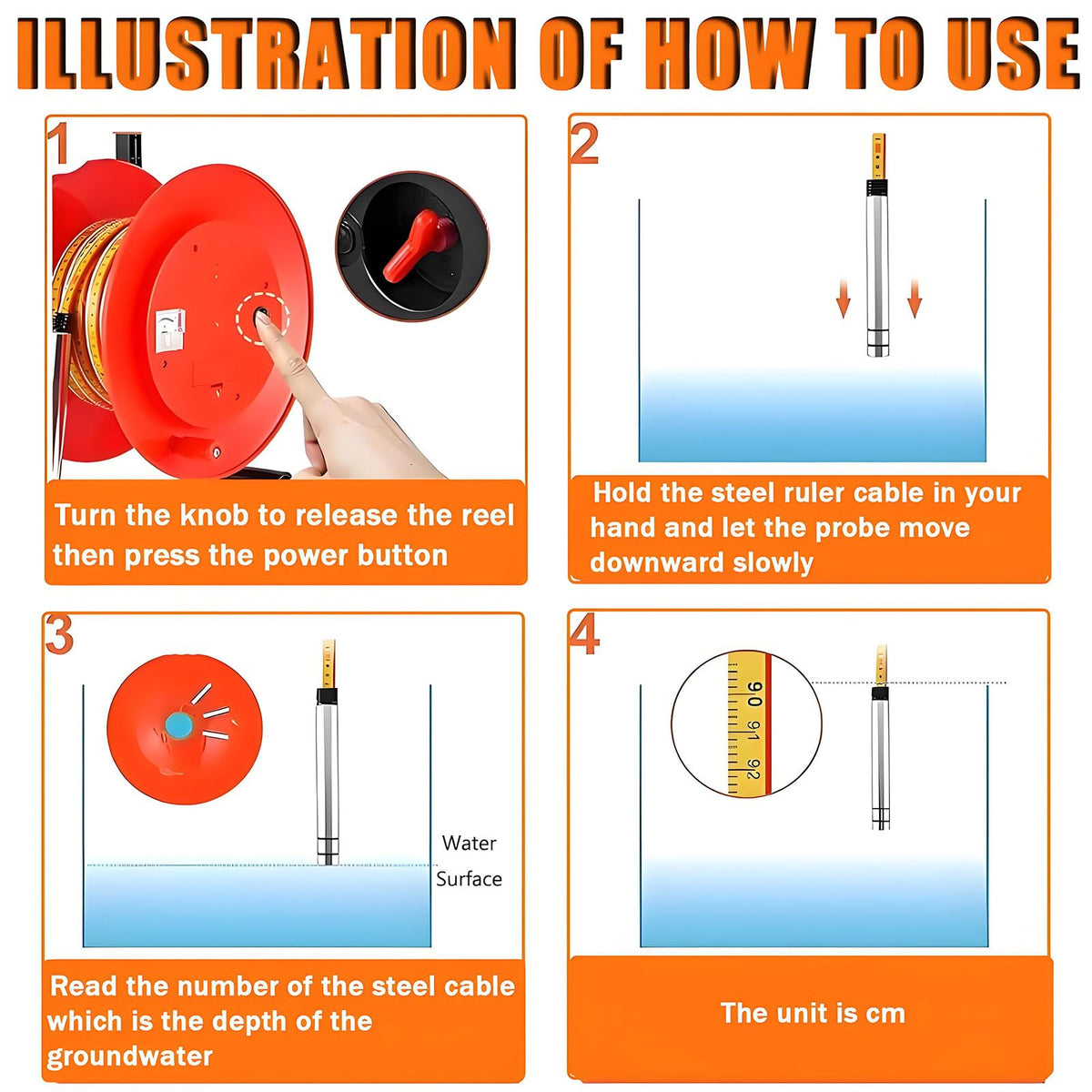 Well Water Depth Gauge, Water Level Meter Well Water Level Indicator Water Level Measurement with Fixed Probe and Steel Tape for Wells, Boreholes, Reservoirs and Pipes 20m