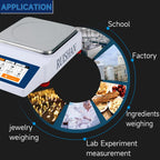 3kg x 0.01g smart laboratory analytical balance scales with Basic weighing, Counting, Cost settlement, Percent , Dynamic , Gross net weight mode, HI OK LO limit alarm, RS232