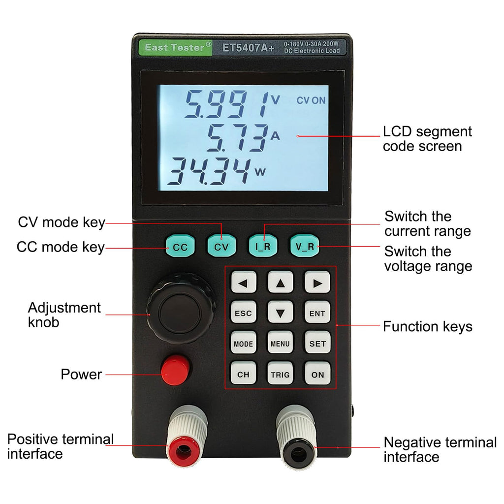 ET5407A+ 200W Programmable DC Electronic Load Tester 0–180V 0–30A Battery Power Supply Tester with CC/CV/CR/CP Modes High-Accuracy 1mV/1mA USB Remote Control LCD Display for Lab R&D EV DIY Electronics