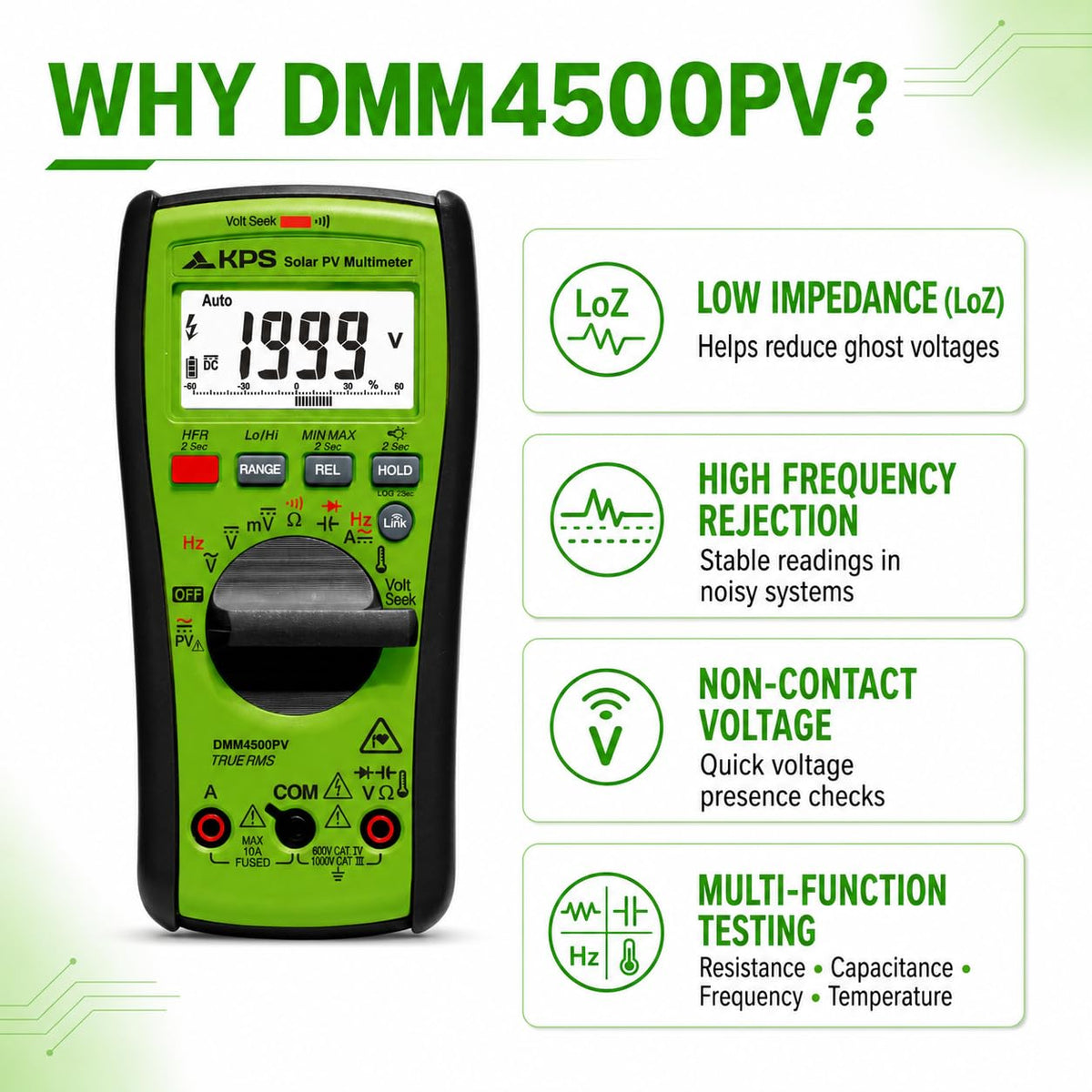 KPS DMM4500PV True RMS Solar Multimeter, 2000V DC, Bluetooth