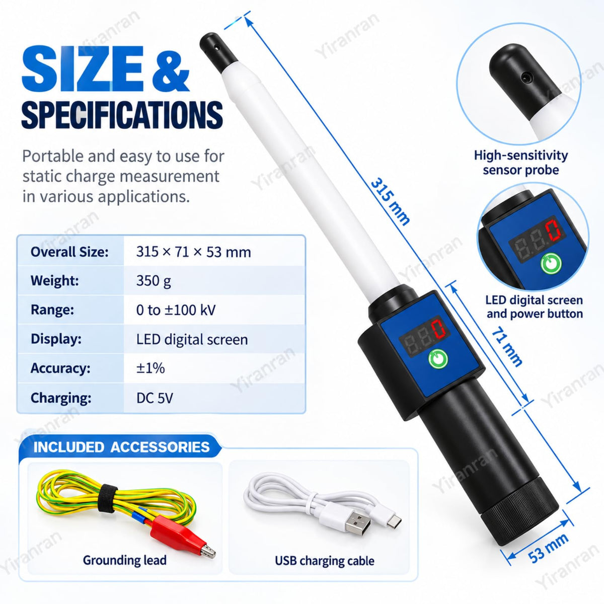 0~±100kV Electrostatic Tester, Digital High Voltage Probe, ±1% High Accuracy Handheld Static Meter with LED Display, Automatic Measurement for Powder Coating & Industrial Use