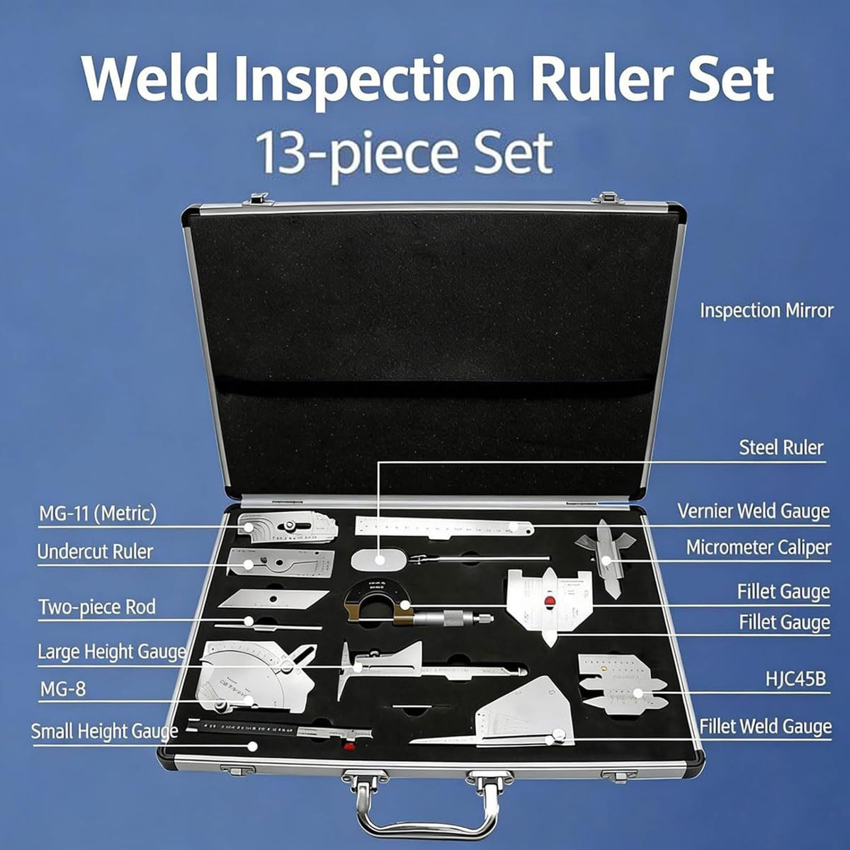 Welding Gauge Inspection Kit,13 Piece Stainless Steel Measuring Tools,Industrial Weld Measurement Equipment, with Portable Suitcase
