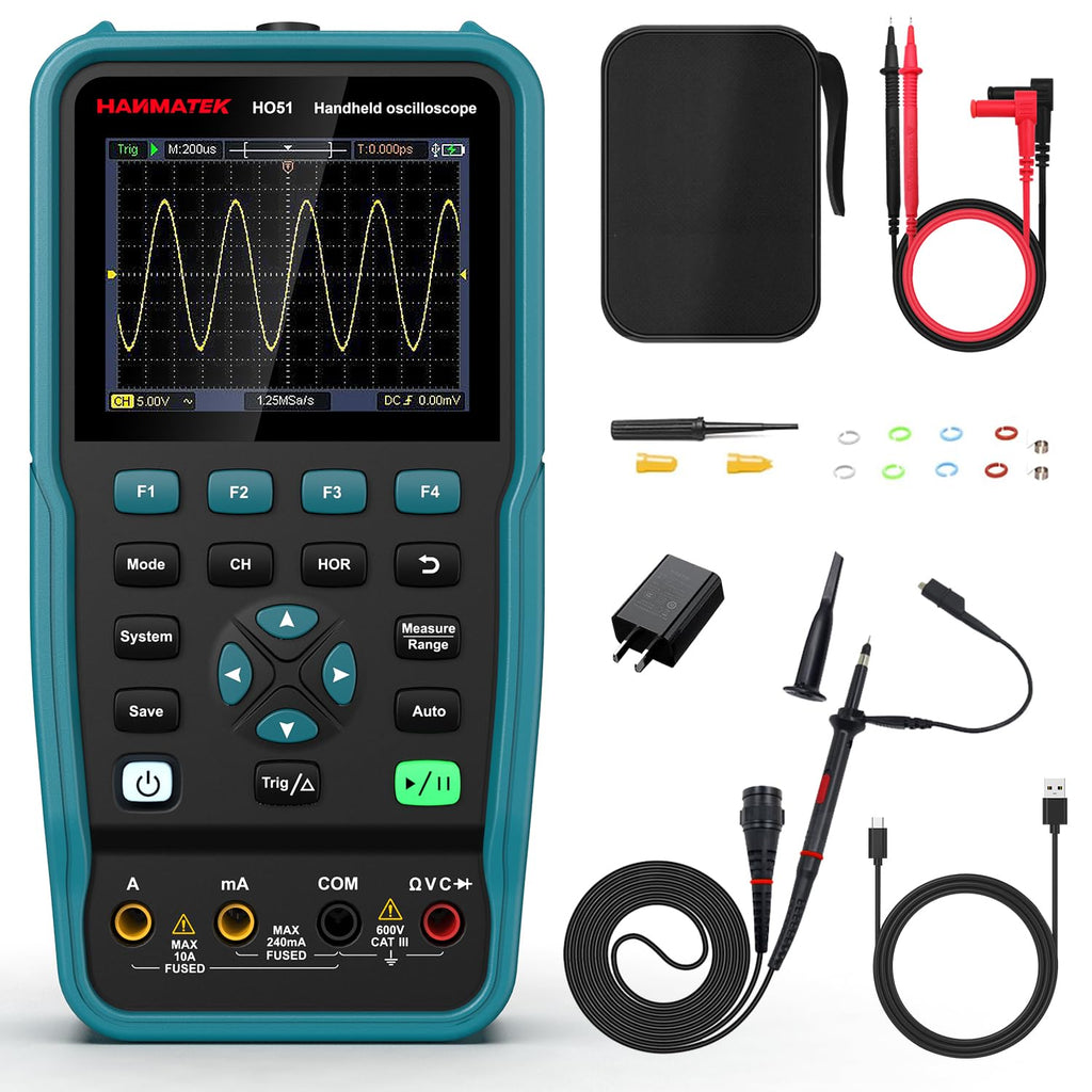 HANMATEK 3 in 1 Handheld Oscilloscope Multimeter with 2 Channels HO52S 3.5"TFT Oscilloscop, 50Mhz Waveform Generator Multimeter Backlit Screen, Auto-Calibration Function, Memory Function, Multi Tester