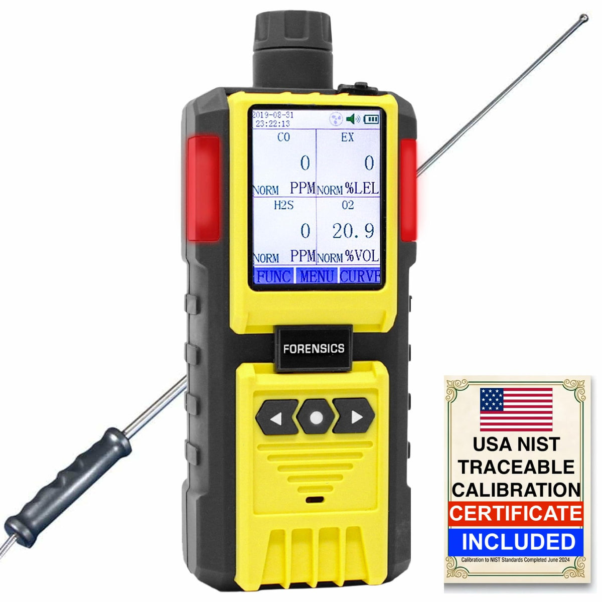 4 Gas Monitor by Forensics | Built-in Pump Multi Gas Meter | O2, CO, H2S, LEL | Color Display & Graphing | USA NIST Calibration | Computer Data Logging |