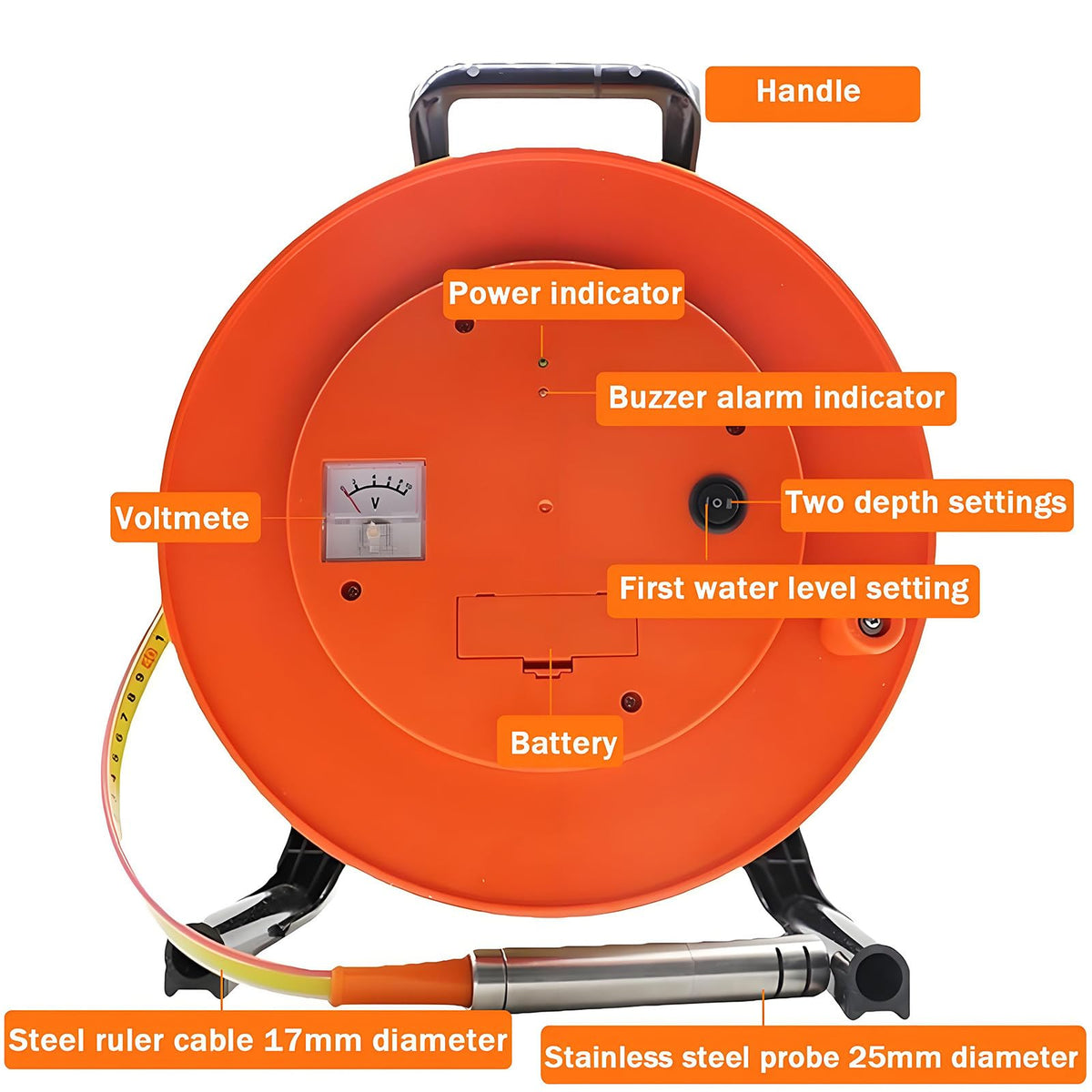 Well Water Depth Gauge, Water Level Meter Well Water Level Indicator Water Level Measurement with Fixed Probe and Steel Tape for Wells, Boreholes, Reservoirs and Pipes 20m