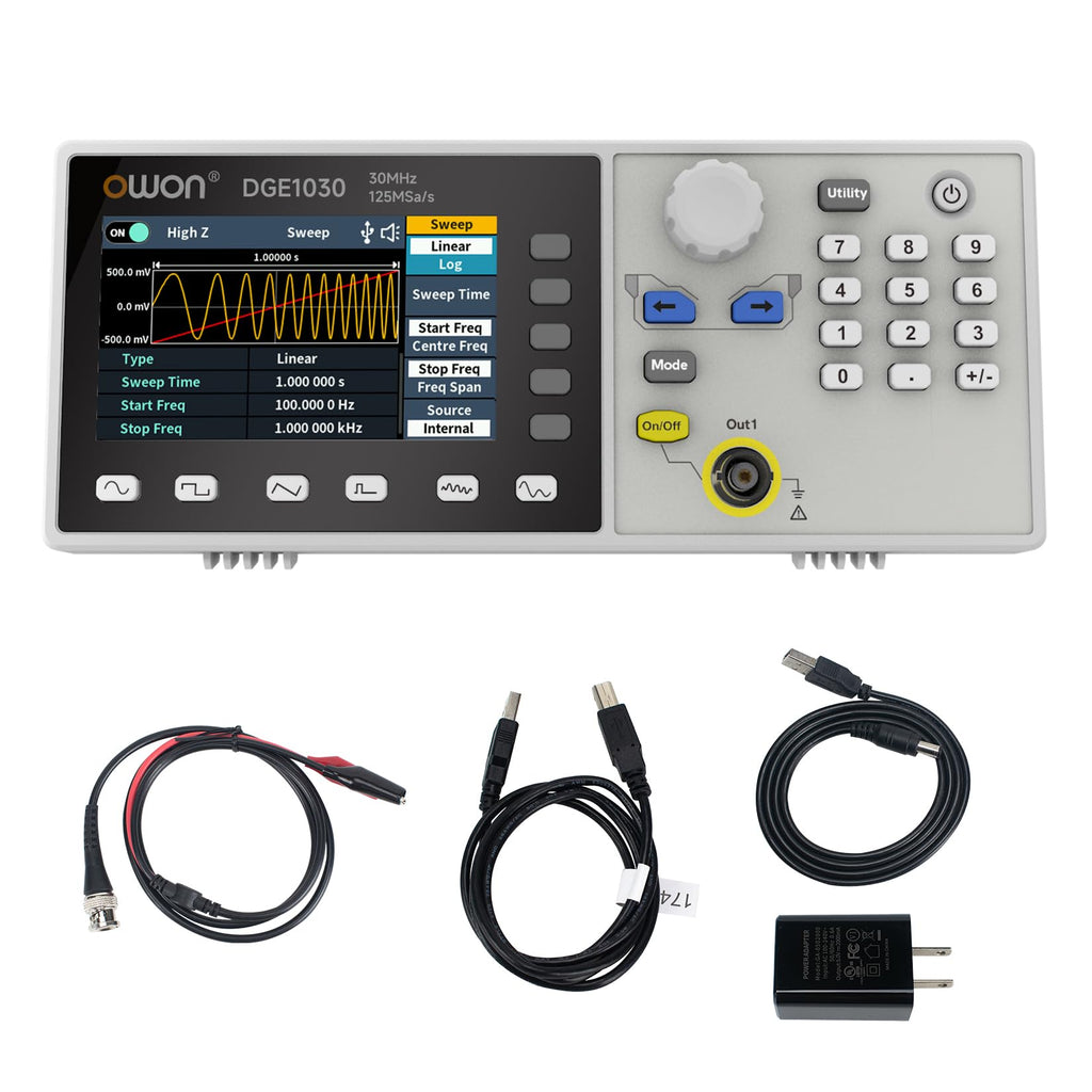 OWON DGE2070 70MHz Dual Channel Arbitrary Waveform Generator, 300MSa/s Sampling Rate, 14-Bit Resolution, 150 Built-in Waveforms, 3.6” LCD, Portable Signal Generator for Lab & Electronics Testing