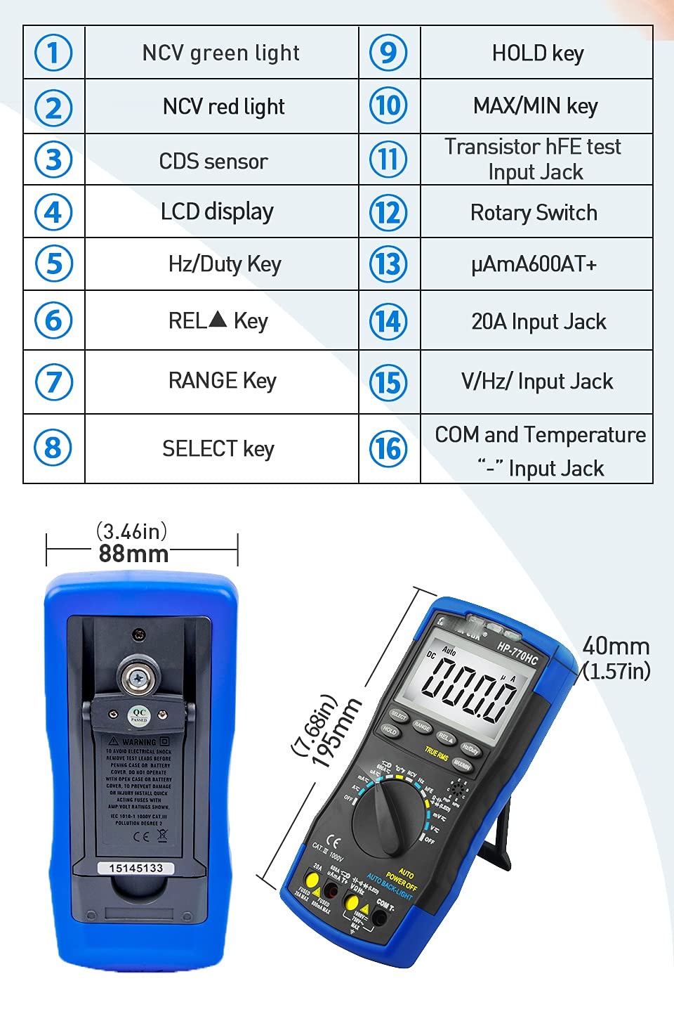 Digital Auto Range Multimeter AC Voltage Meter Measurement Temperature/Frequency/Duty Cycle/True