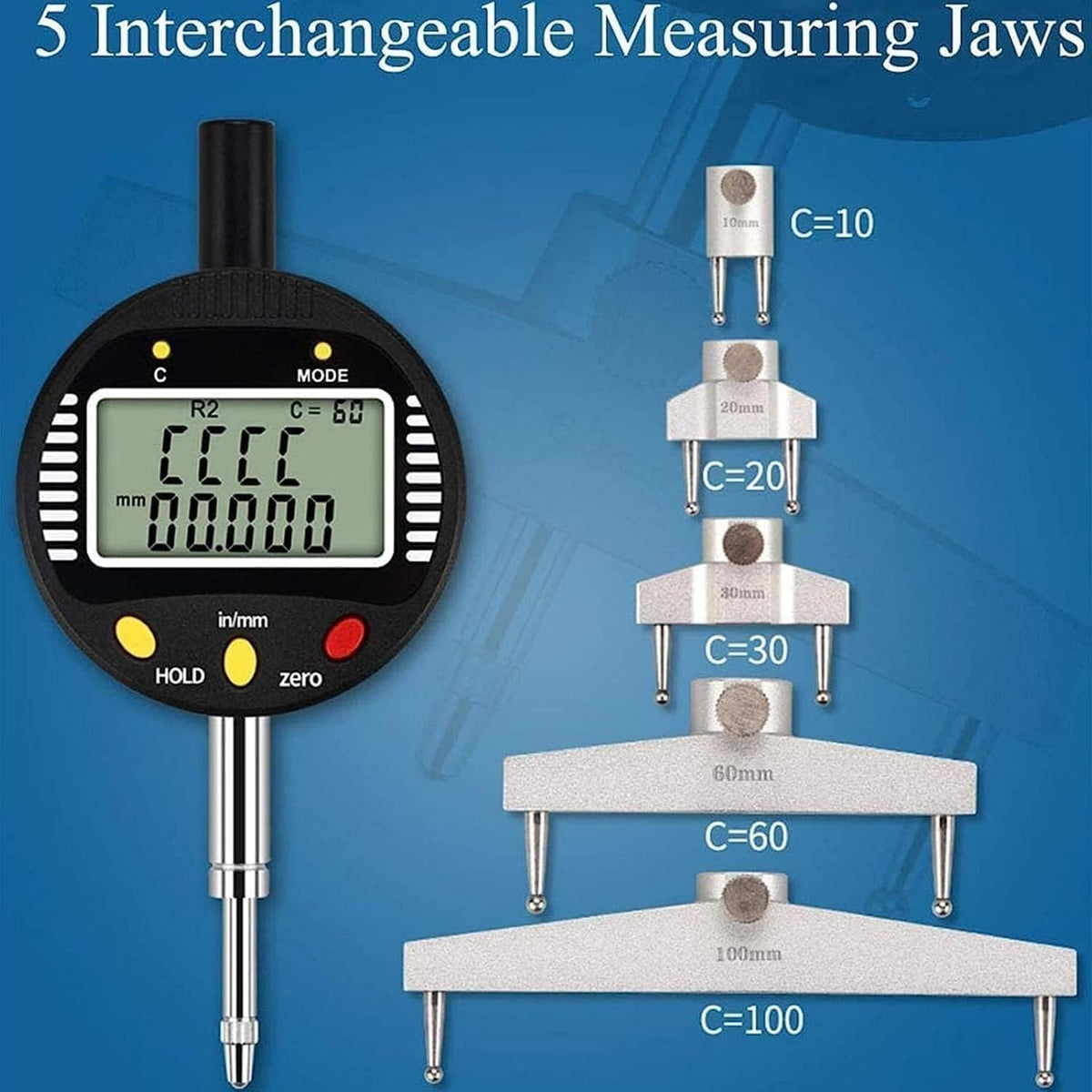 Radius Indicator Measurement Tool, Measuring Range 0-12.7mm, with 5 Measuring Jaw, Electronic Inside and Outside Radius Gage, for Mechanical Parts