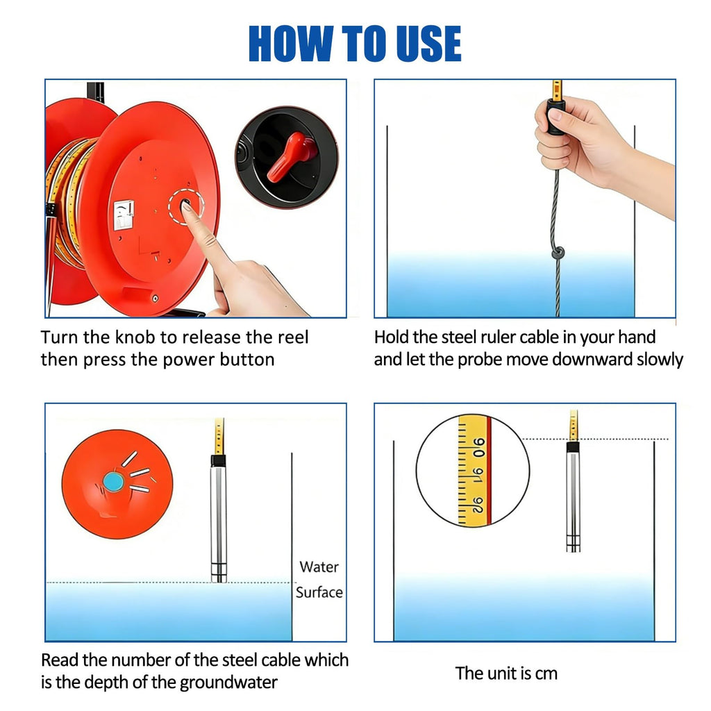 300m Portable Deep Well Water Level Meter, Electronic Depth Gauge for Groundwater Measurement, Stainless Steel Indicator with Light & Peak Display, Accurate Water Level Detection