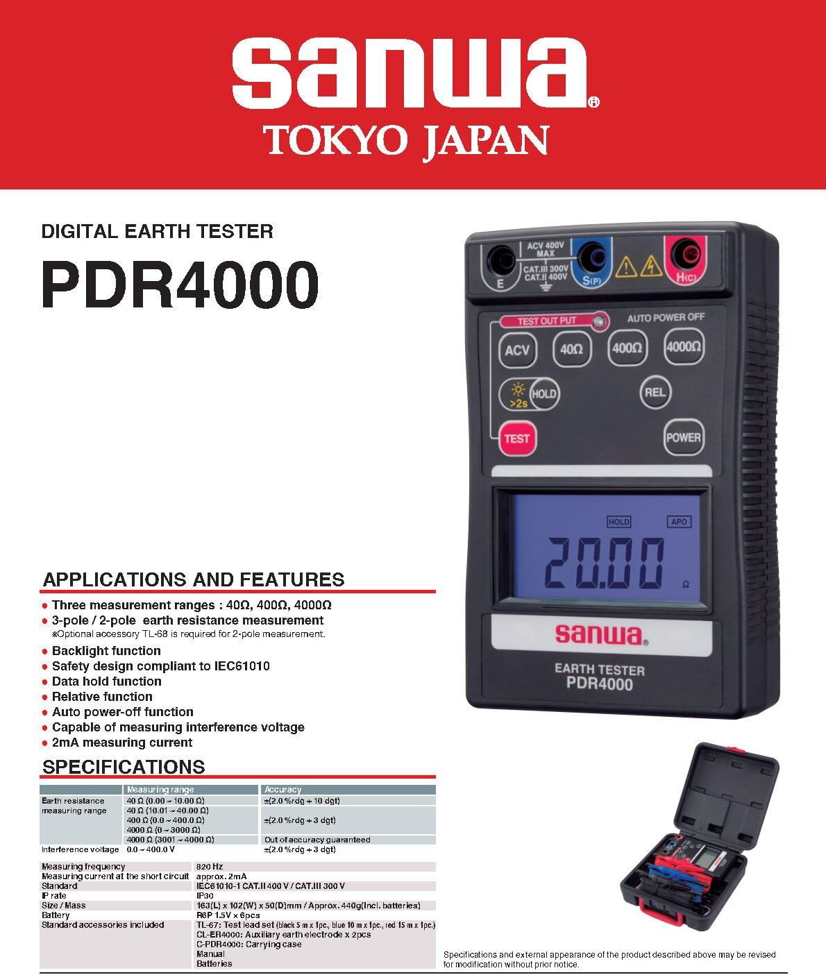 Japan Sanwa PDR302 Analog Type PDR4000 Digital Type Earth Testers Earth Resistance Tester Easy to Read with Backlight(PDR4000)
