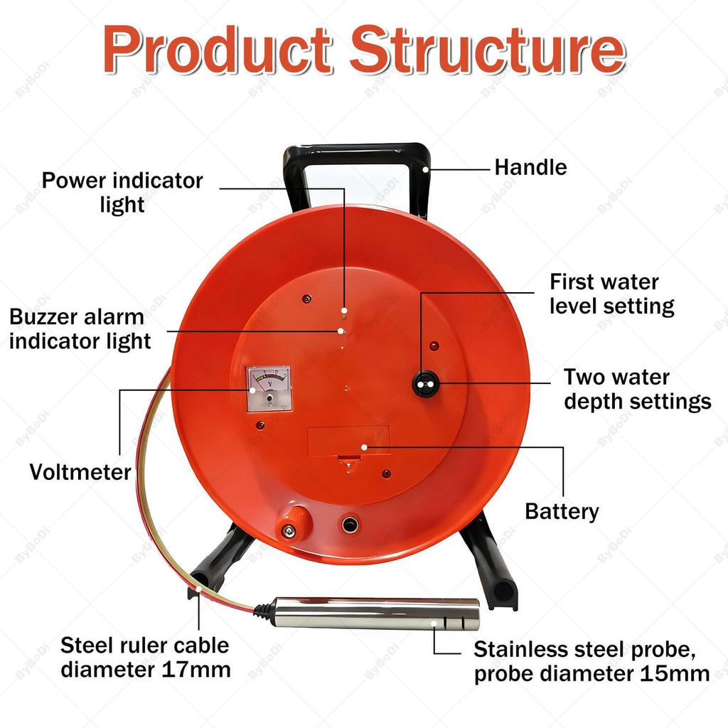 Well Water Depth Gauge,Electronic Waters Meters Measurement Tool with 0.59 Inch Probe and Steel Tape,with Stainless Steel Probe and Steel Tape,for Well,Boreholes,Reservoirs(30m(98.4ft))