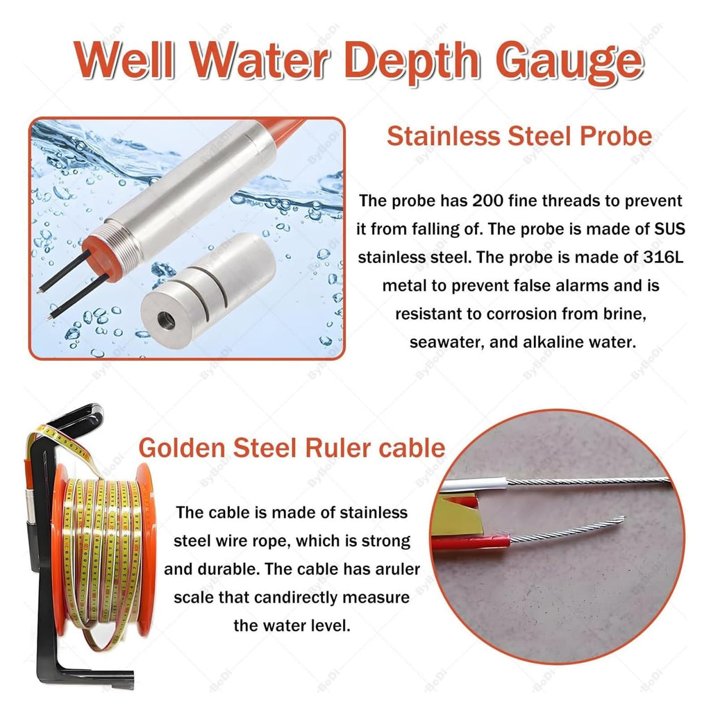 10m Water Level Meter, No Display Device Well Water Level Indicator WaterLevel Measurement with Fixed Probe and Steel Tapefor Wells, Boreholes