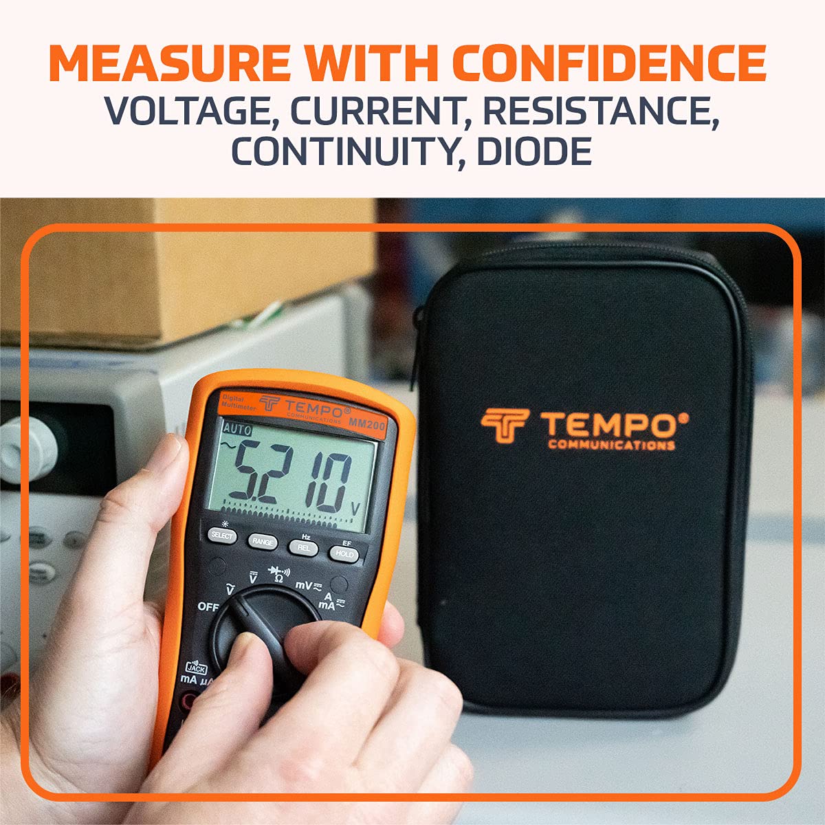 TEMPO Communications MM200 Digital Multimeter, Multi Meter AC/DC Voltage, Current, Frequency, Resistance, Check Diodes, Verify Continuity