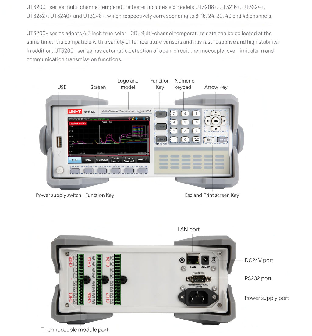 UNI-T UT3208+ Multi-Channel Temperature Logger, 8CH, -200~1800C