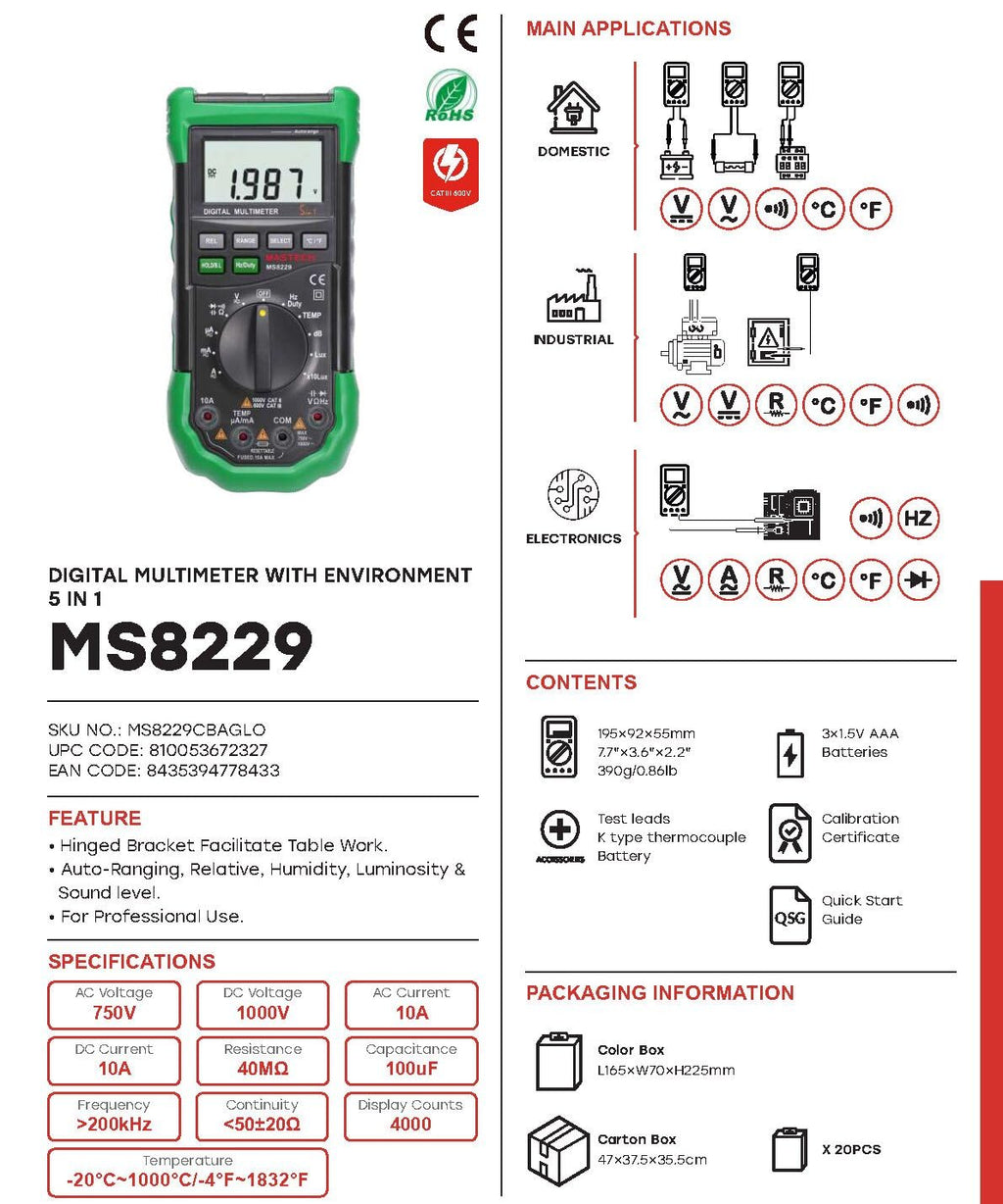 MGL MASTECH MS8217 MS8229 Digital Multimeter Meter AC/DC Voltage AC/DC Current Resistance Capacitance Tester with Temperature Measurement(MS8229)