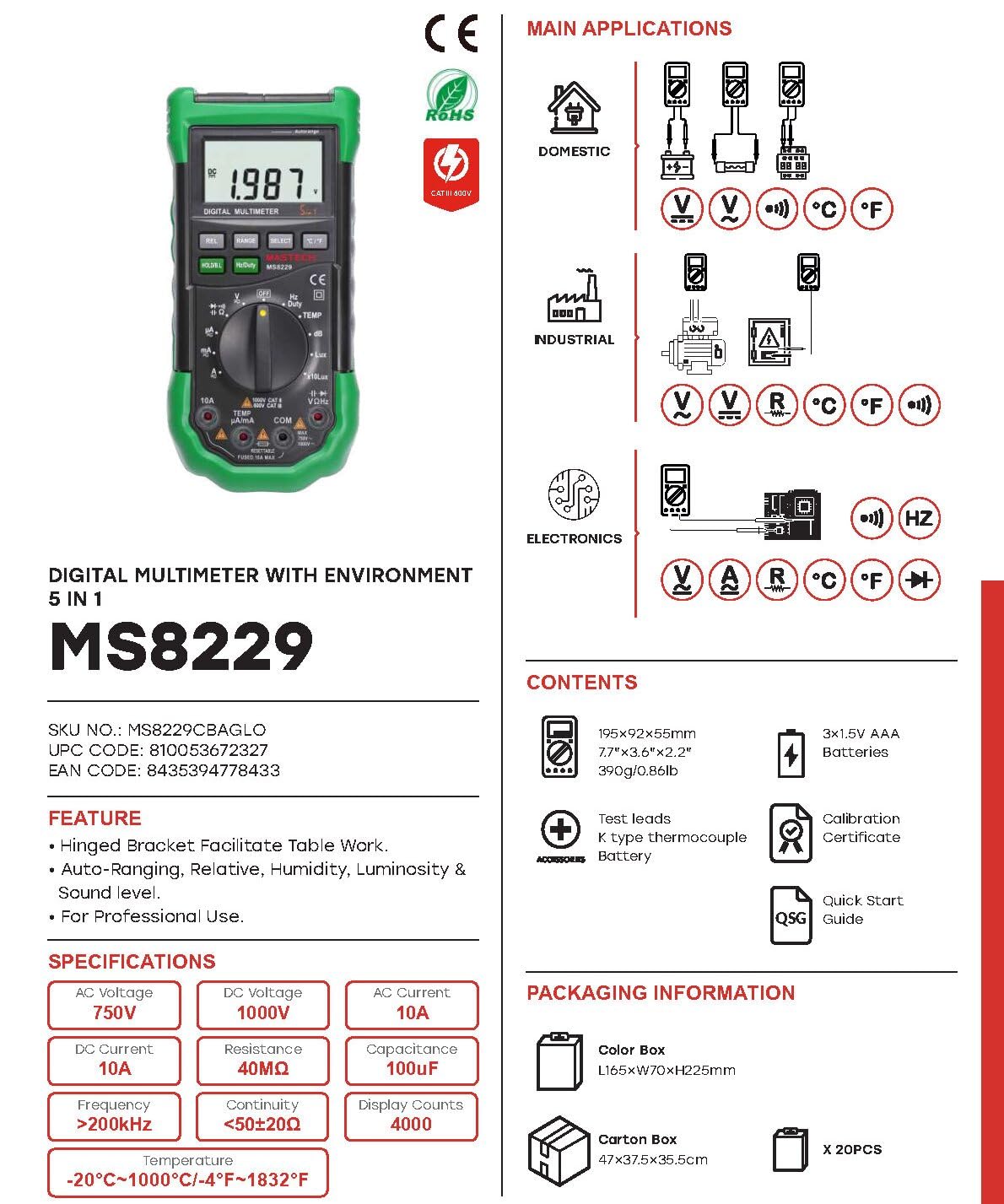 MGL MASTECH MS8217 MS8229 Digital Multimeter Meter AC/DC Voltage AC/DC Current Resistance Capacitance Tester with Temperature Measurement(MS8229)