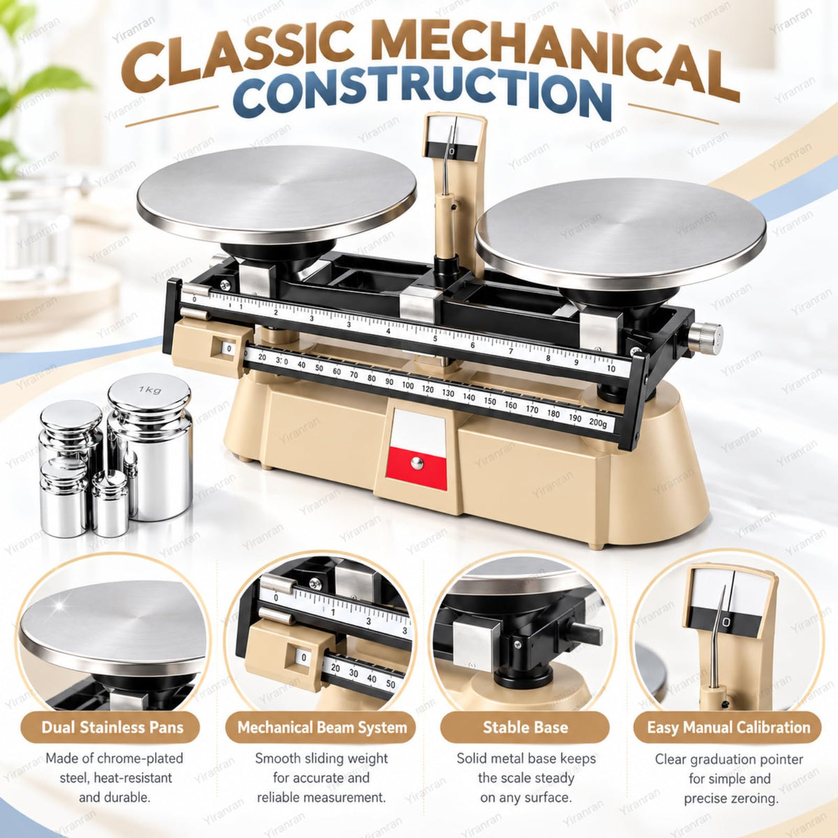 Analytical Double Pan Scales, Double Pan Balance Scale with 0.1g Graduation, 2000g Capacity, Zero Adjustment and 4-piece Weight Set, for Physics Chemistry Experiments, Classroom Teaching