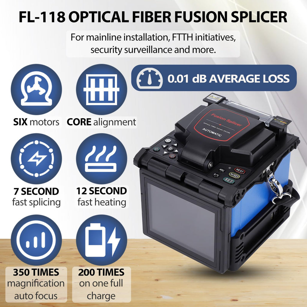 Fiber Fusion Splicer FL-118, Automatic FTTH Fiber Splicer Machine with 6 Motors Core Alignment, 7s Splicing & 12s Heating, Average Loss 0.01db, 5" LCD Screen