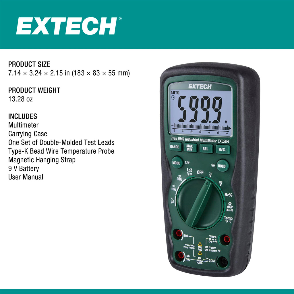 Extech EX520A High Accuracy True RMS Multimeter, 6000 Count, 0.09%