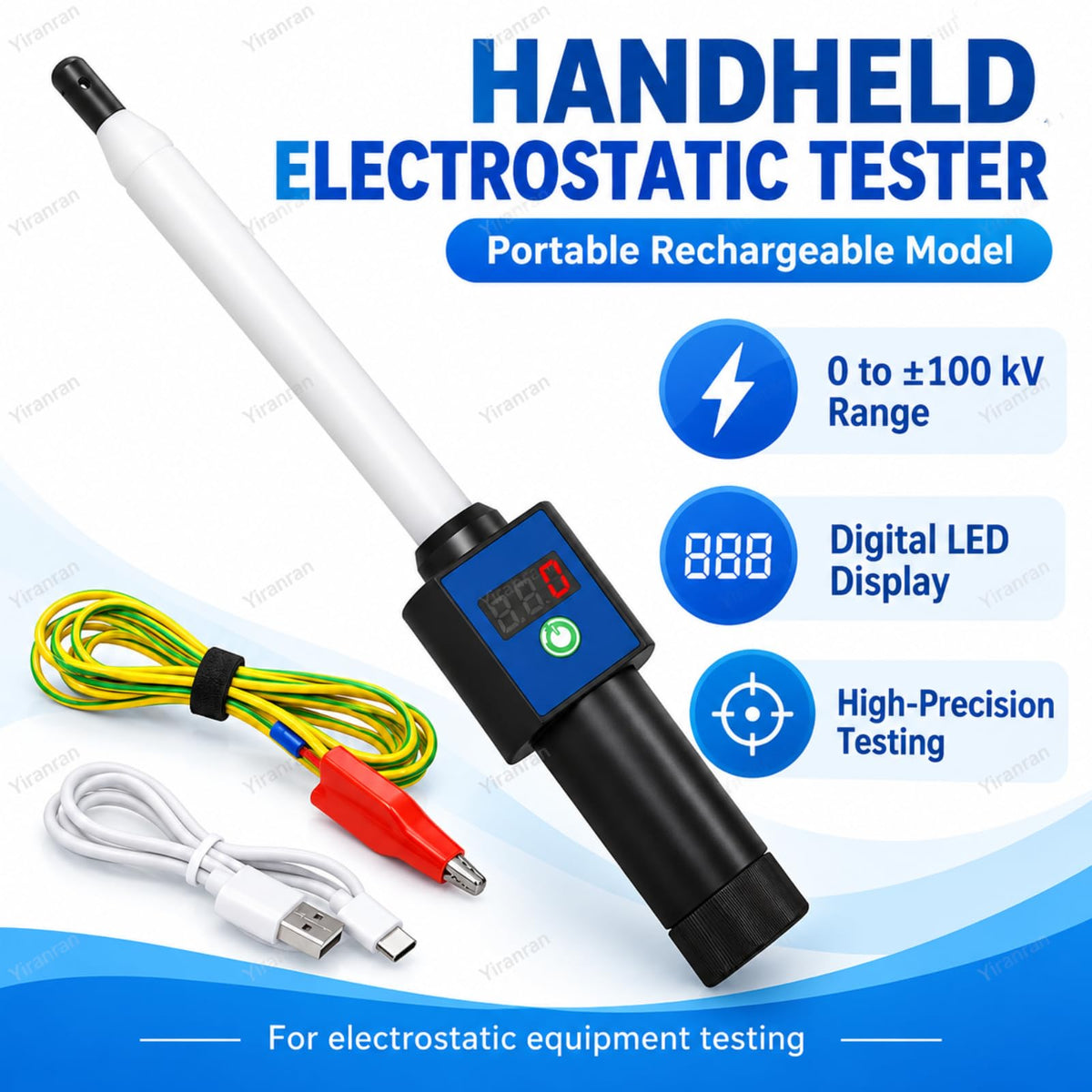 0~±100kV Electrostatic Tester, Digital High Voltage Probe, ±1% High Accuracy Handheld Static Meter with LED Display, Automatic Measurement for Powder Coating & Industrial Use