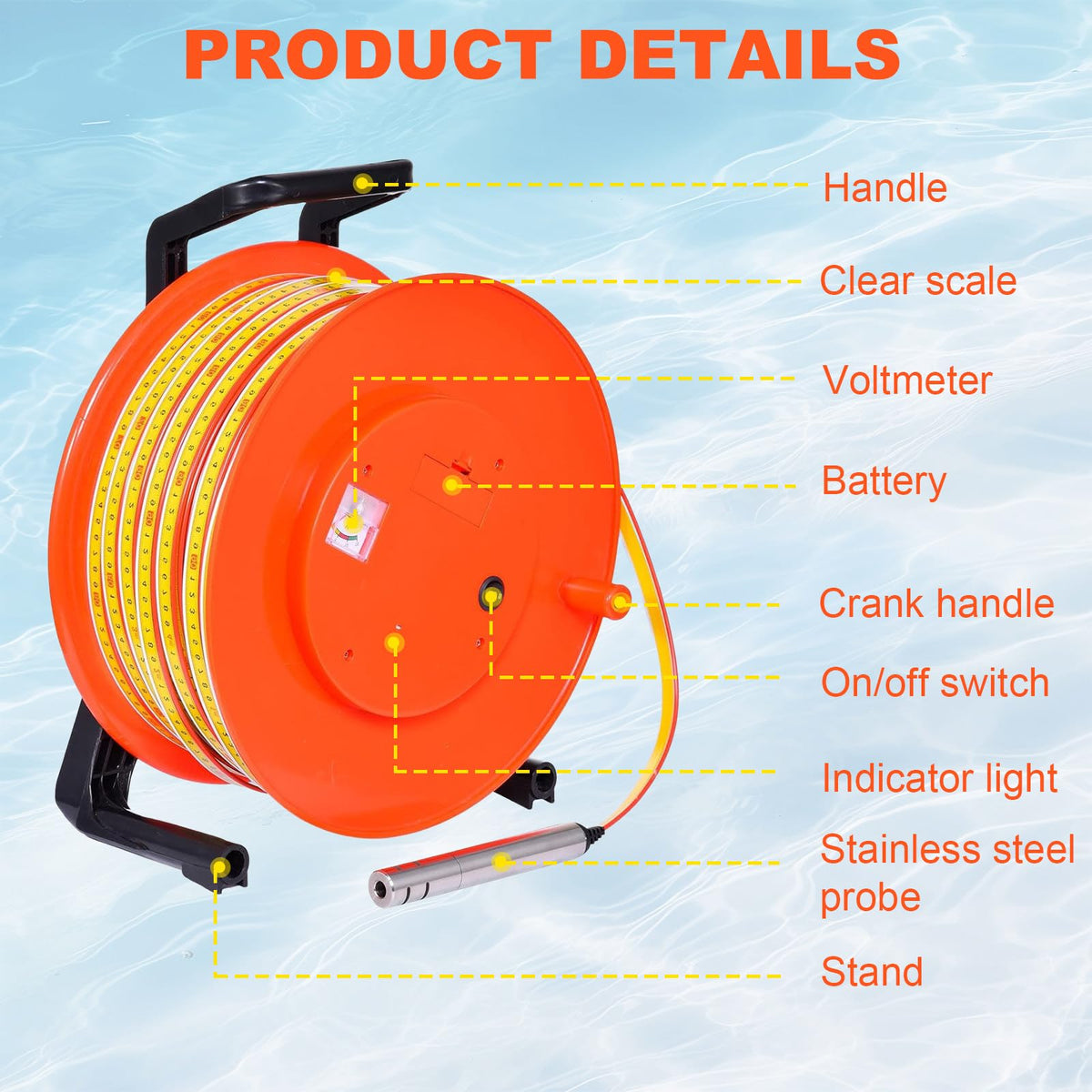 Well Water Level Gauge, Fixed Probe with Steel Tape, Accurate Liquid Level Measurement Tool for Industrial Use, 20 Meters