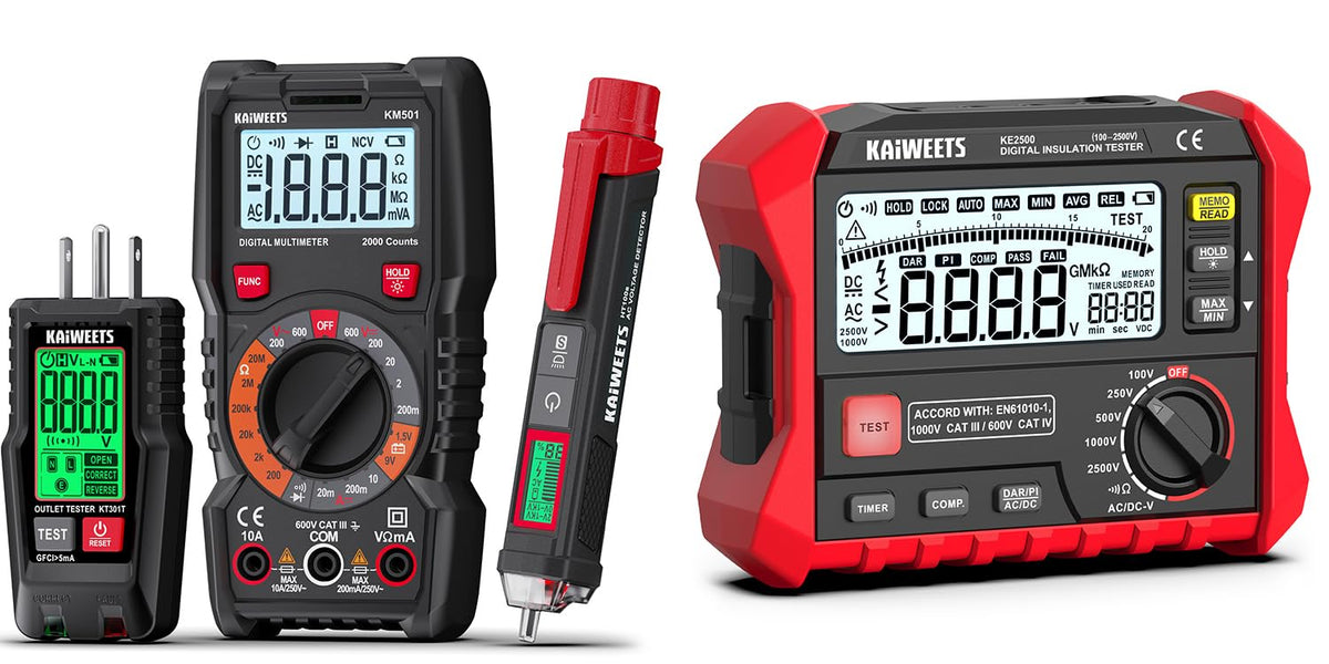 KAIWEETS KE2500 Insulation Resistance Tester Up to 200GΩ Pro Megohmmeter and KAIWEETS KIT01 Electrical Test Kit KIT01 Digital Multimeter Smart Non-Contact Voltage Tester & GFCI Outlet Tester