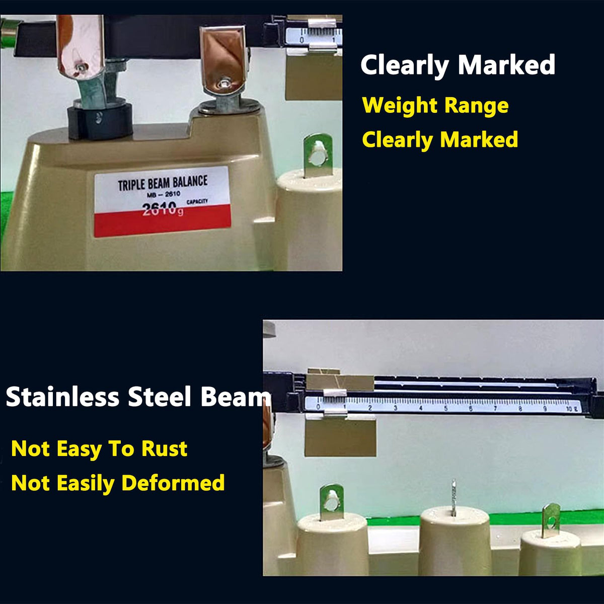 Triple Beam Balance Scale with Stainless Steel Platform, for Lab and Classroom Use, Magnetic Damping, 2610g Capacity