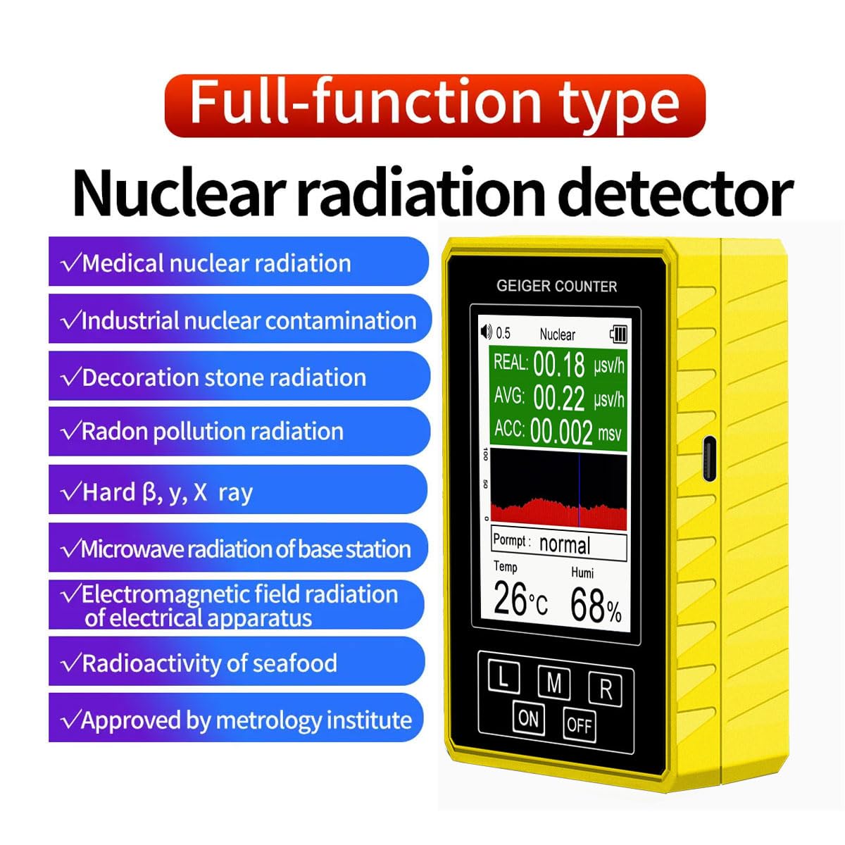 4-IN-1 Geiger Counter, Nuclear Radiation& Electromagnetic&temperature and Humidity Detector, Portable Radiation Dosimeter with LCD Display, Handheld Beta Gamma X-ray Radiation Monitor Meter, for Lab