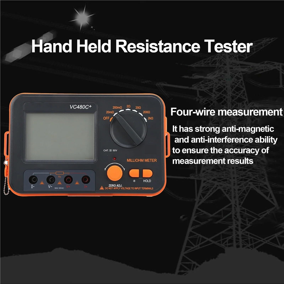 Resistance Meters, Hand Held Resistance Tester VC480C 0.01mΩ‑2kΩ 6‑Gear Digital Milliohmmeter 4‑Wire Measurement Low Resistance Tester