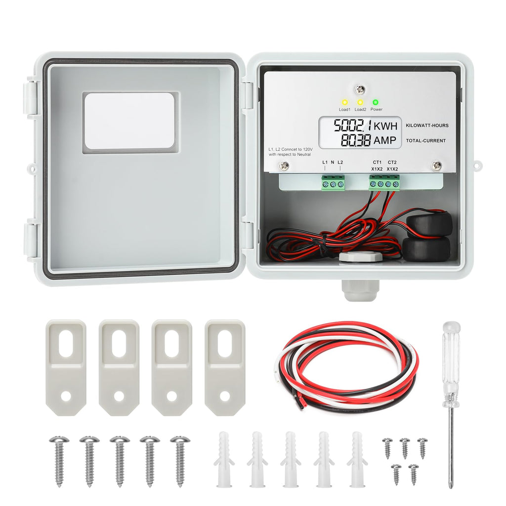 Outdoor Surface Mount Mechanical Counter, Zuomeng 120/240V 2P3W 100A Mini Power Meter Kit with Backlit LCD Display, Includes 2 Solid Core CTs, Precision Dual-Circuit PWH Measurement