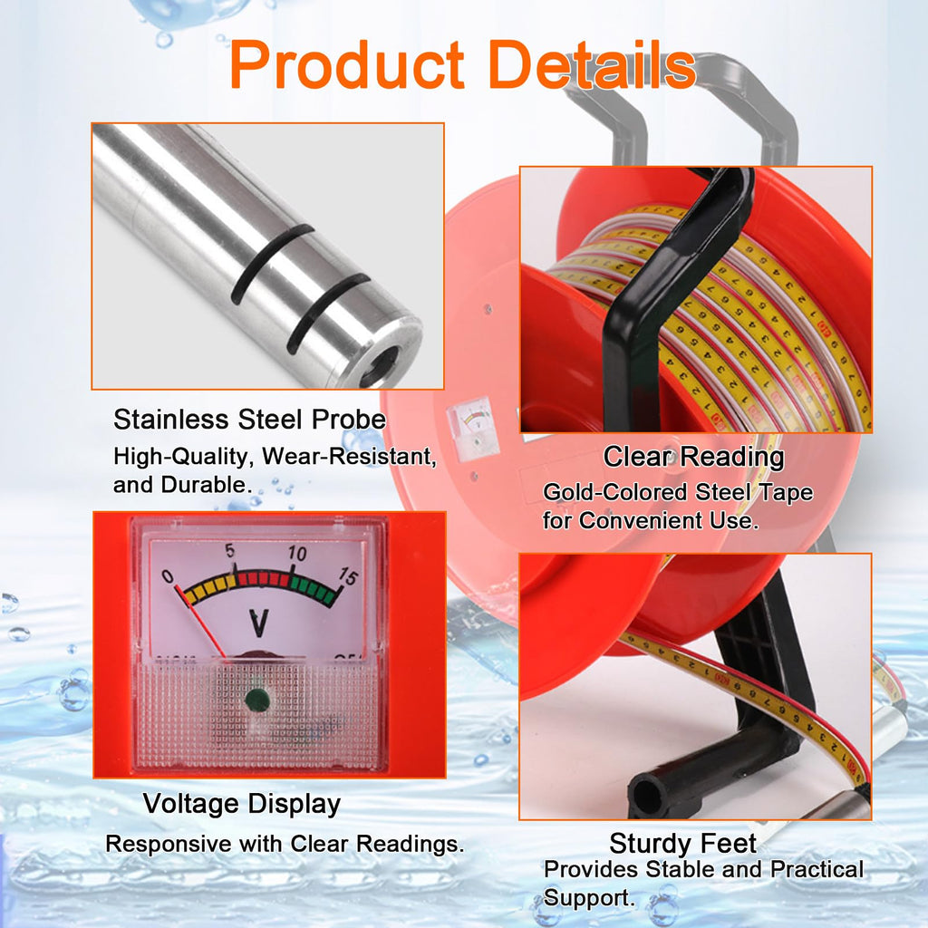 Well Depth Meter, Deep Well Indicator, Stainless Steel Probe with Steel Tape, Groundwater Gauge with Peak Display & Light for Seepage Line Analysis(150m(492ft))
