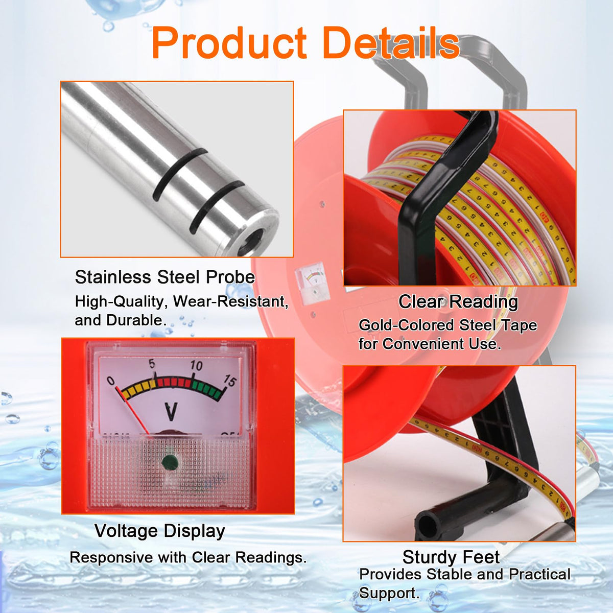 Well Depth Meter, Deep Well Indicator, Stainless Steel Probe with Steel Tape, Groundwater Gauge with Peak Display & Light for Seepage Line Analysis(150m(492ft))
