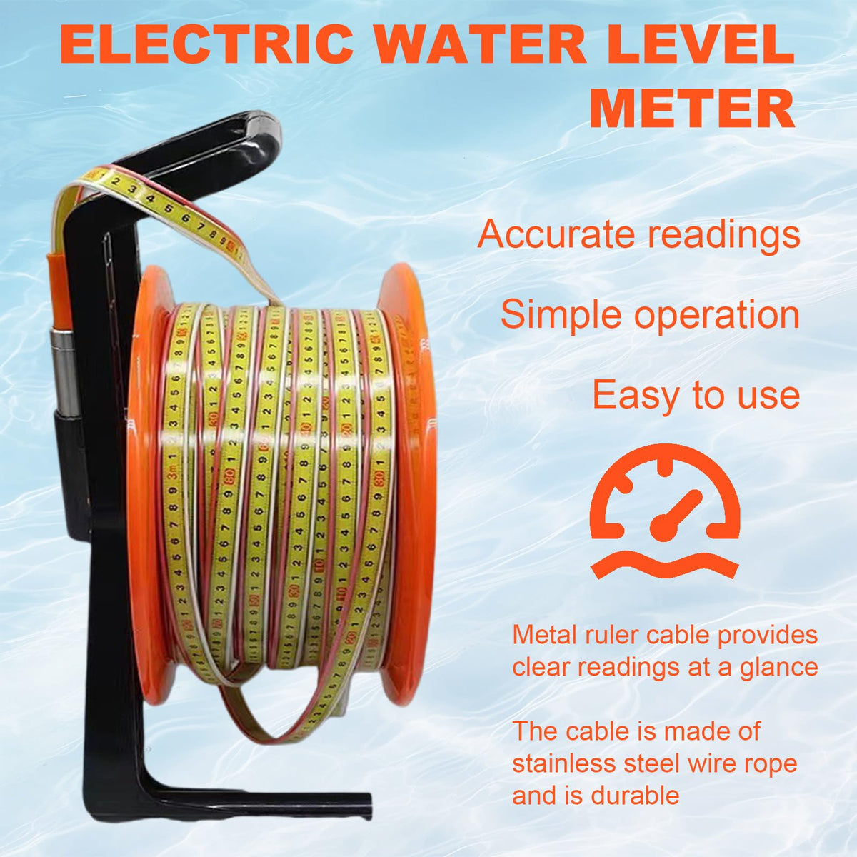 Well Water Level Gauge, Fixed Probe with Steel Tape, Accurate Liquid Level Measurement Tool for Industrial Use, 20 Meters