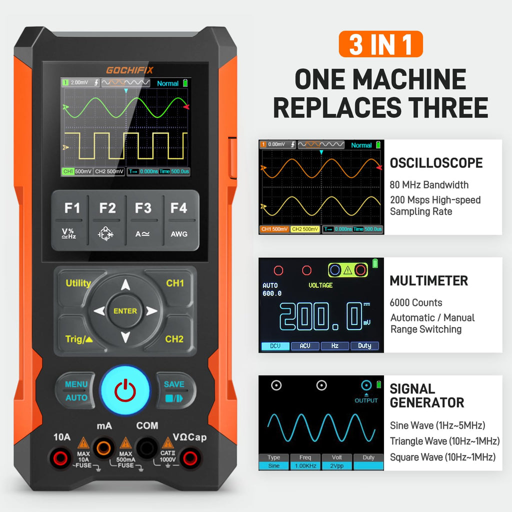 3-in-1 Handheld Oscilloscope Multimeter, 2-CH 80MHz 200MSa/s
