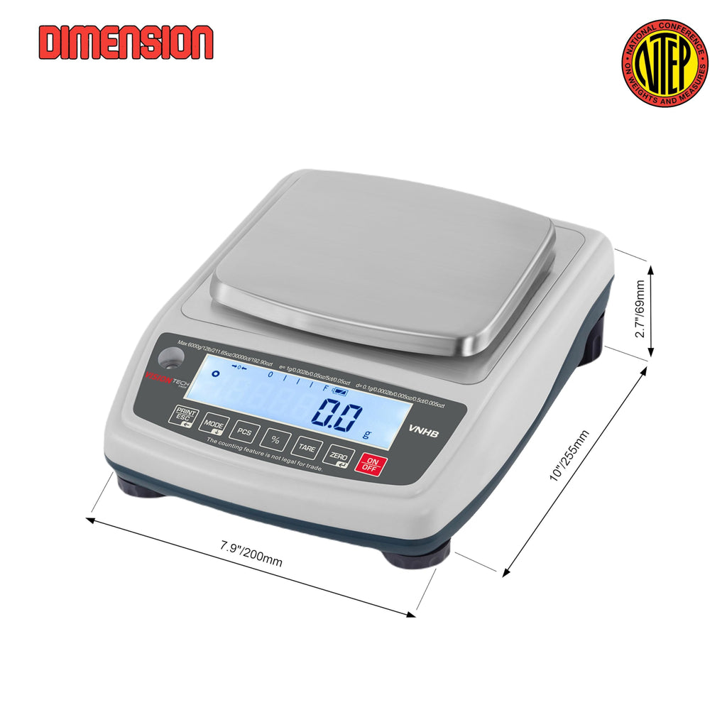 VisionTechShop VNHB-6000 Compact Balance Jewelry and Laboratory Lab Scale, g/lb/oz/ct/ozt Switchable, 6000g Capacity, 1g Readability, NTEP Legal for Trade COC #24-056