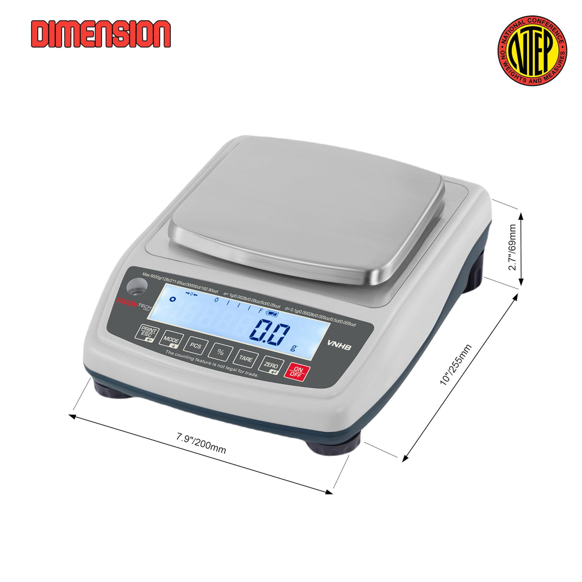 VisionTechShop VNHB-6000 Compact Balance Jewelry and Laboratory Lab Scale, g/lb/oz/ct/ozt Switchable, 6000g Capacity, 1g Readability, NTEP Legal for Trade COC #24-056