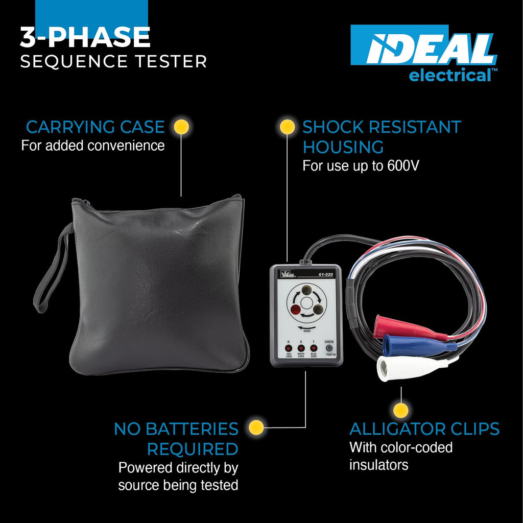 Ideal Electrical 3-Phase Sequence Tester, 61-520, Color-Coded