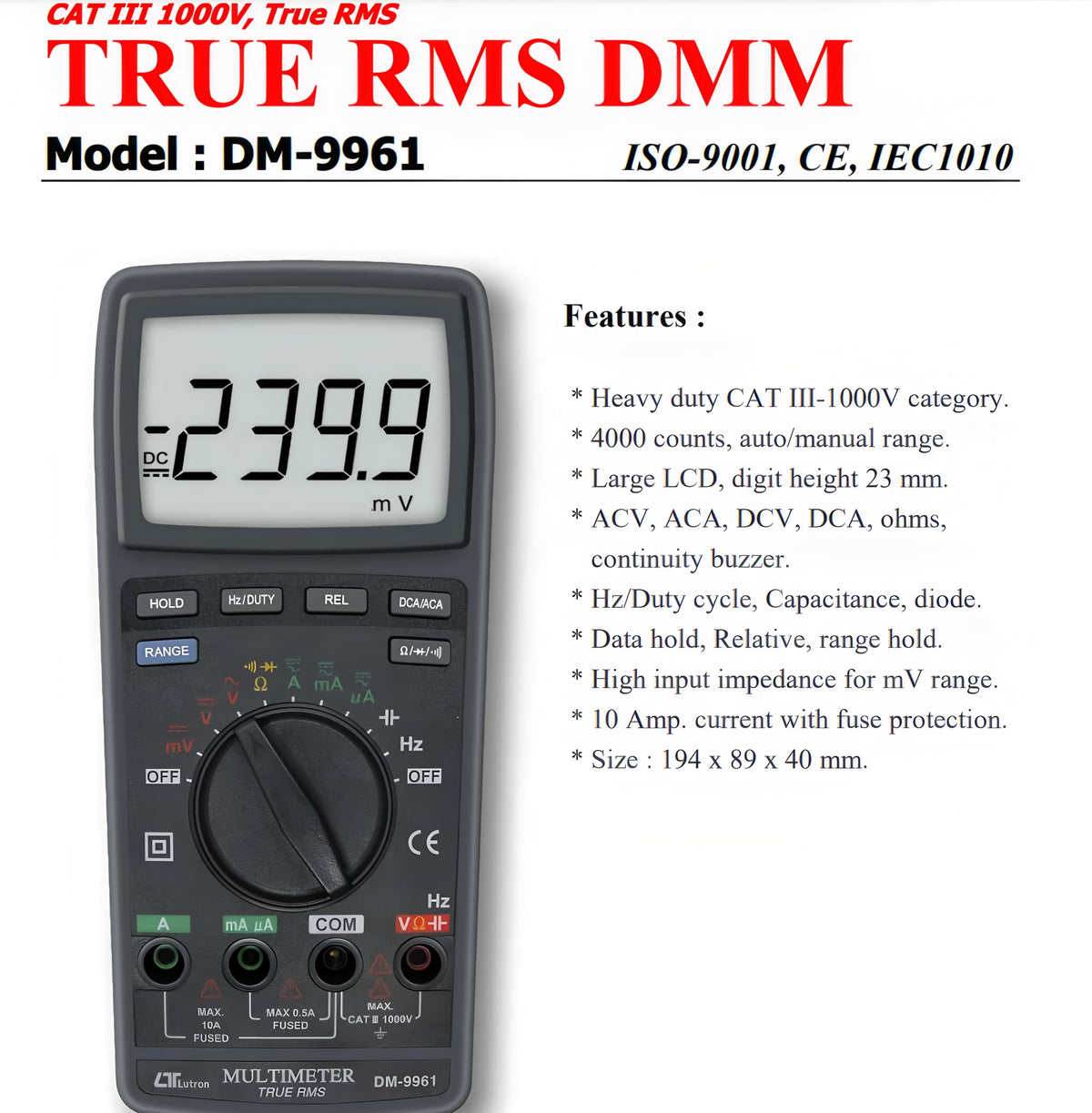 i-POOK DM-9961 Digital TRUE RMS Multimeter AC/DC Voltmeter Ammeter Non-contact Voltage Detector Electric Current Tester Hz Diode Capacitor with Bar Graph Indicator made in Taiwan