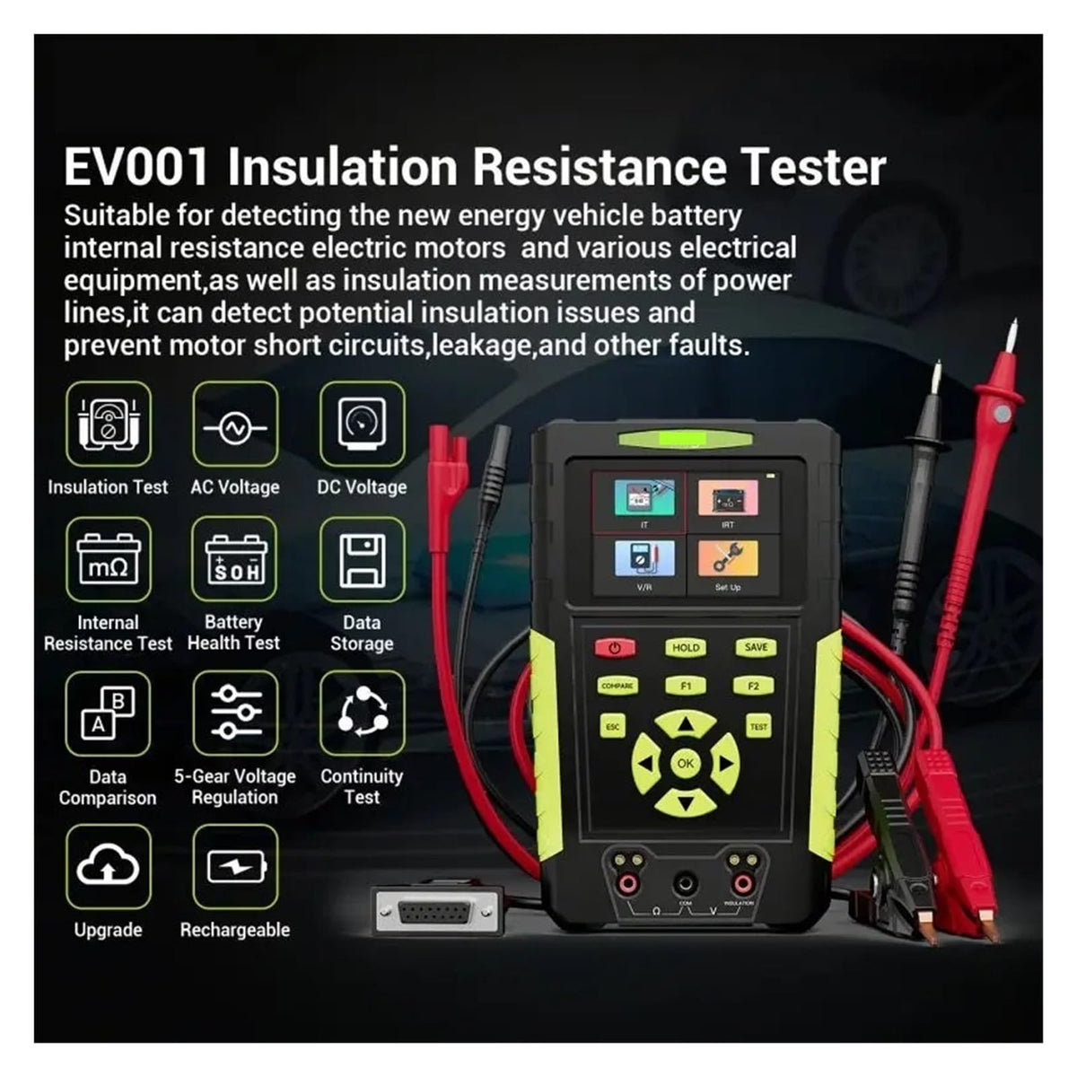 Resistance Meter, Professional EV001, 12V Insulation Tester for Electric Vehicle Safety Audit