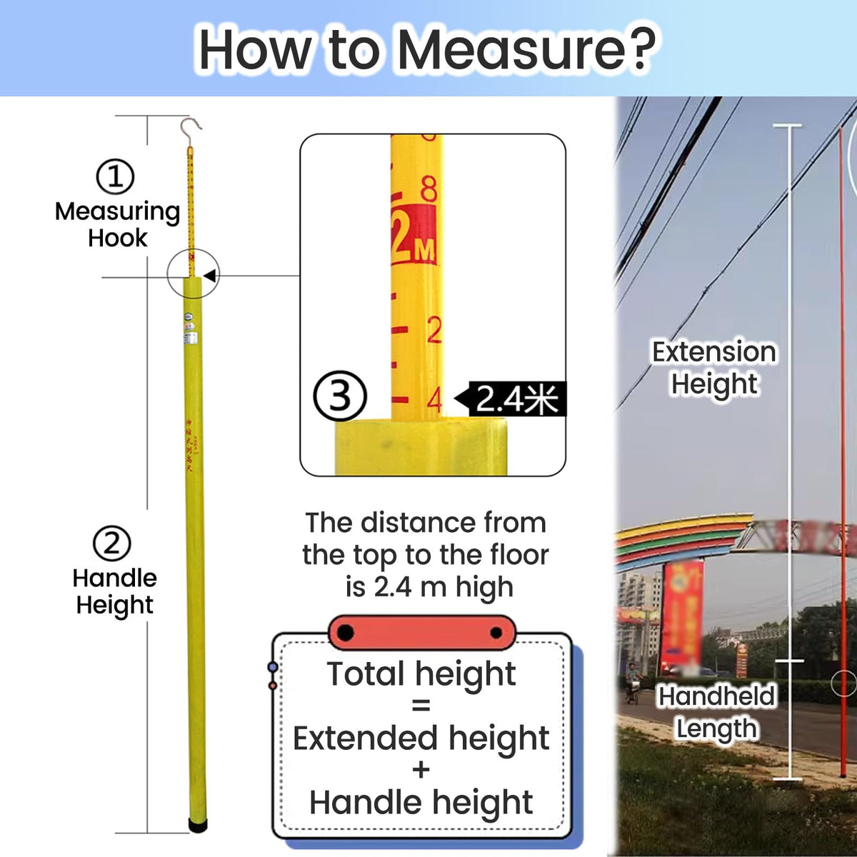 Telescoping Height Measuring Stick 32.8ft (10m) for Forestry & Utility Work, Epoxy Resin Gauge with Hook, Durable Distance Measuring Pole for Linemen (1 Pack)